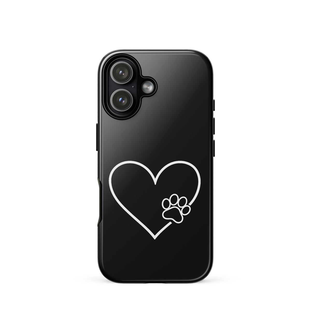 Phone Case featuring black paw print inside white heart, elegant design for pet lovers with iPhone, showing minimalist expression of love.