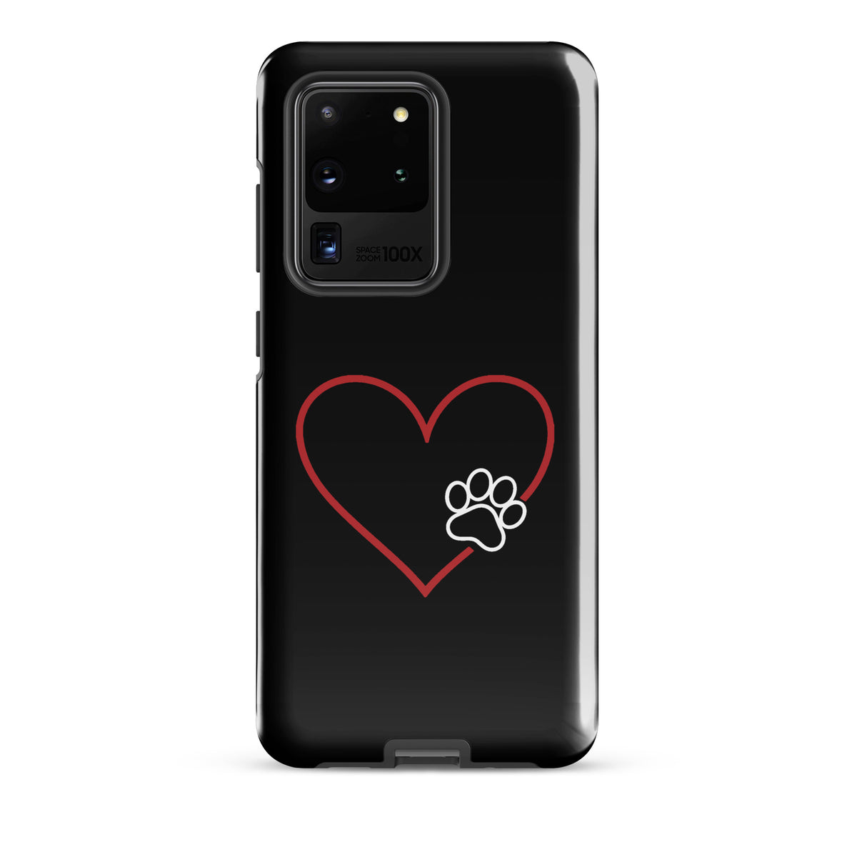 Phone Case for Samsung Galaxy with heart and paw print design, black background, emphasizing love and protection for pet lovers.