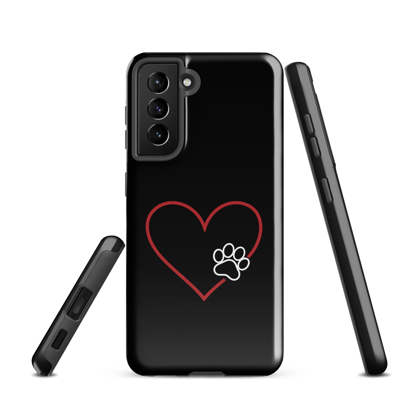 Phone Case for Samsung Galaxy featuring a black cover with a red heart outline and paw print design, symbolizing pet love.
