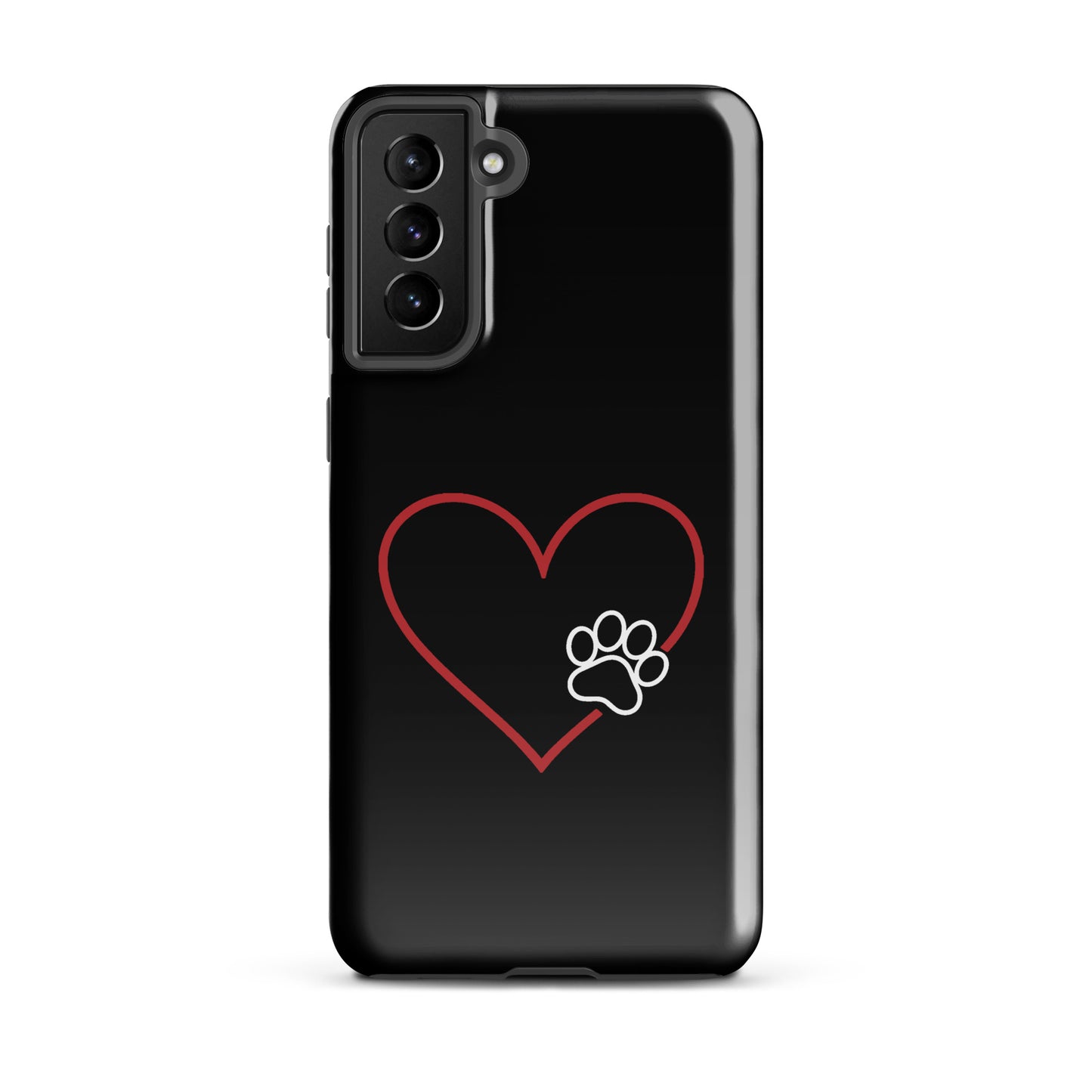 Phone Case for Samsung Galaxy with elegant heart and paw print design, minimalist black case for pet lovers.
