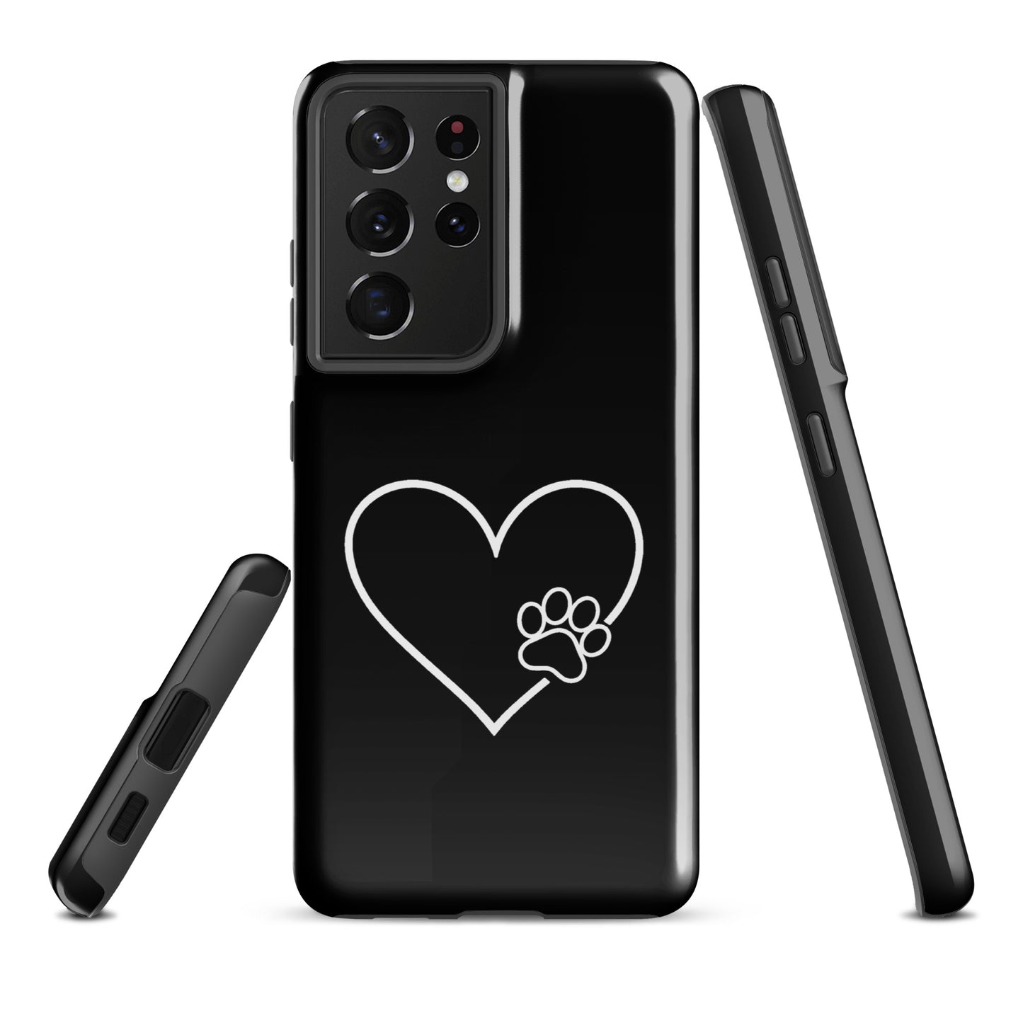 Phone Case for Samsung Galaxy with heart and paw print design, minimalist style, pet lover's accessory, black background.