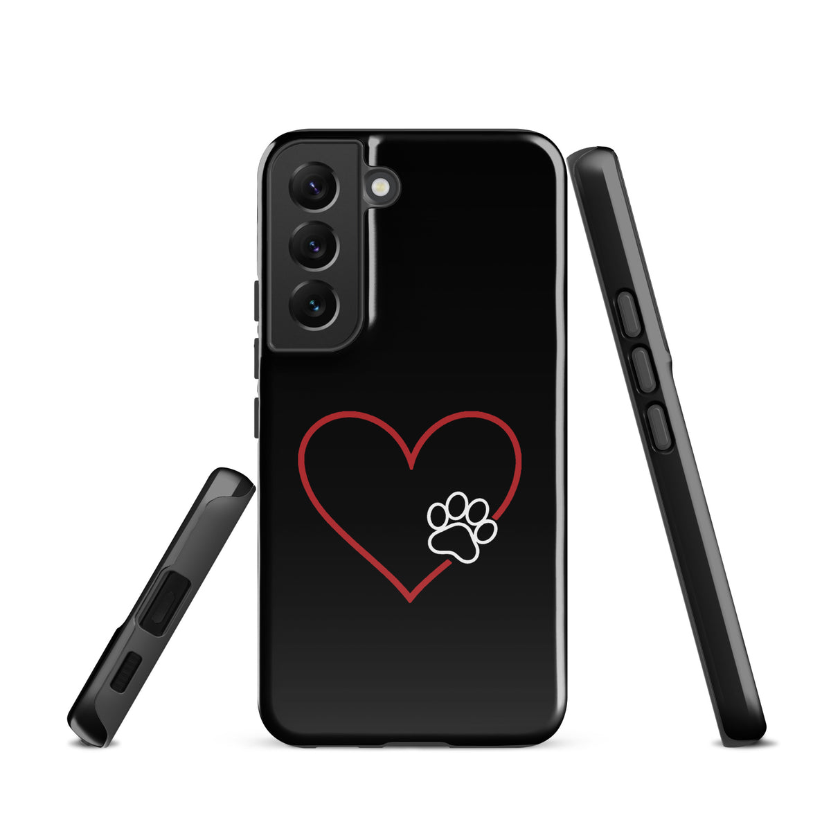 Phone Case for Samsung Galaxy with heart and paw print design, symbolizing pet love and protection, minimalist style, front and side view