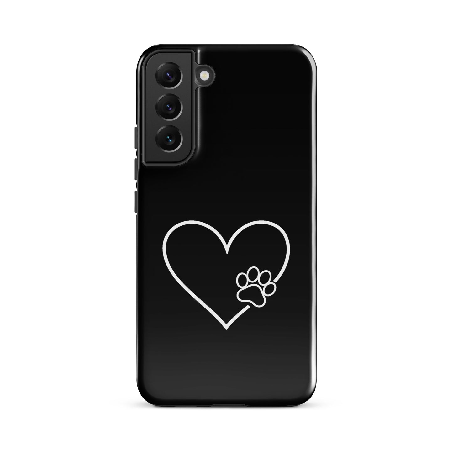 Phone Case for Samsung Galaxy with heart and paw print design, pet lover's minimalist protective cover, black background.