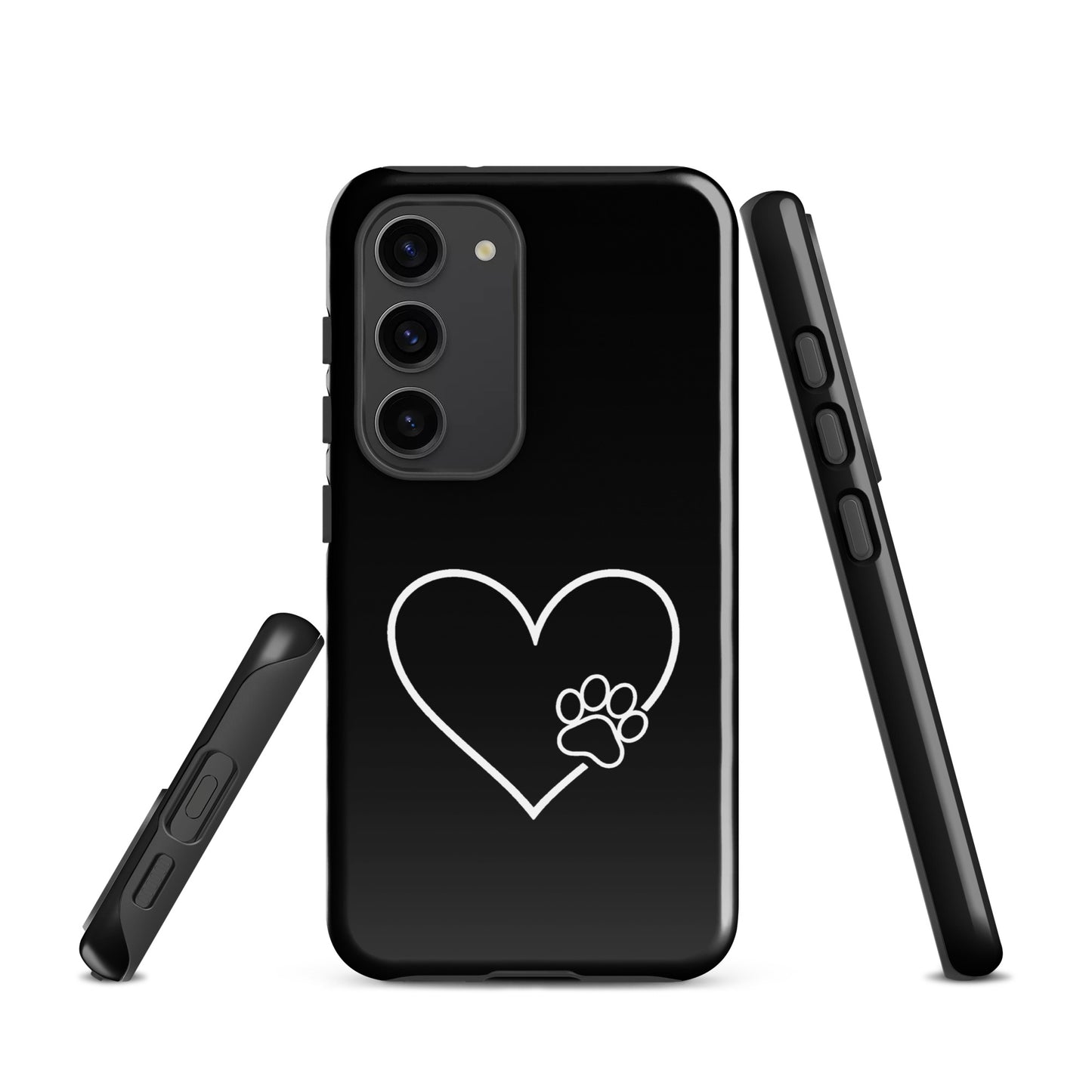 Phone Case for Samsung Galaxy with heart and paw print design on black background, symbolizing pet love and protection.