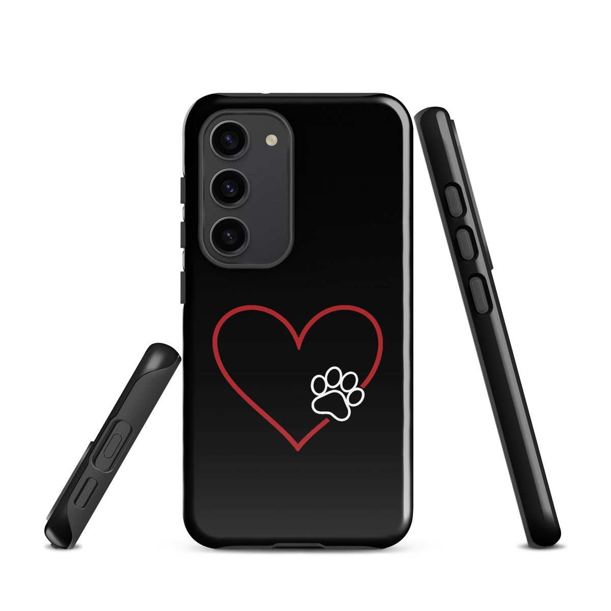Phone Case for Samsung Galaxy with heart and paw print design on black background, perfect for pet lovers seeking stylish protection.