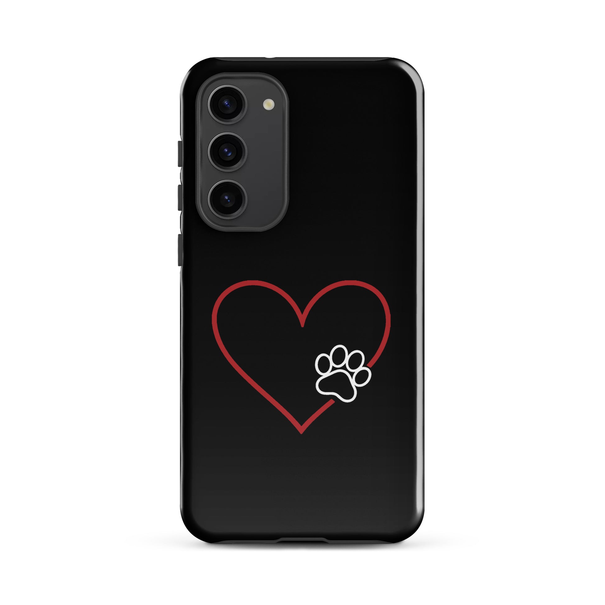 Phone Case for Samsung Galaxy with heart paw print design, black case with red heart outline and white paw print, perfect for pet lovers.