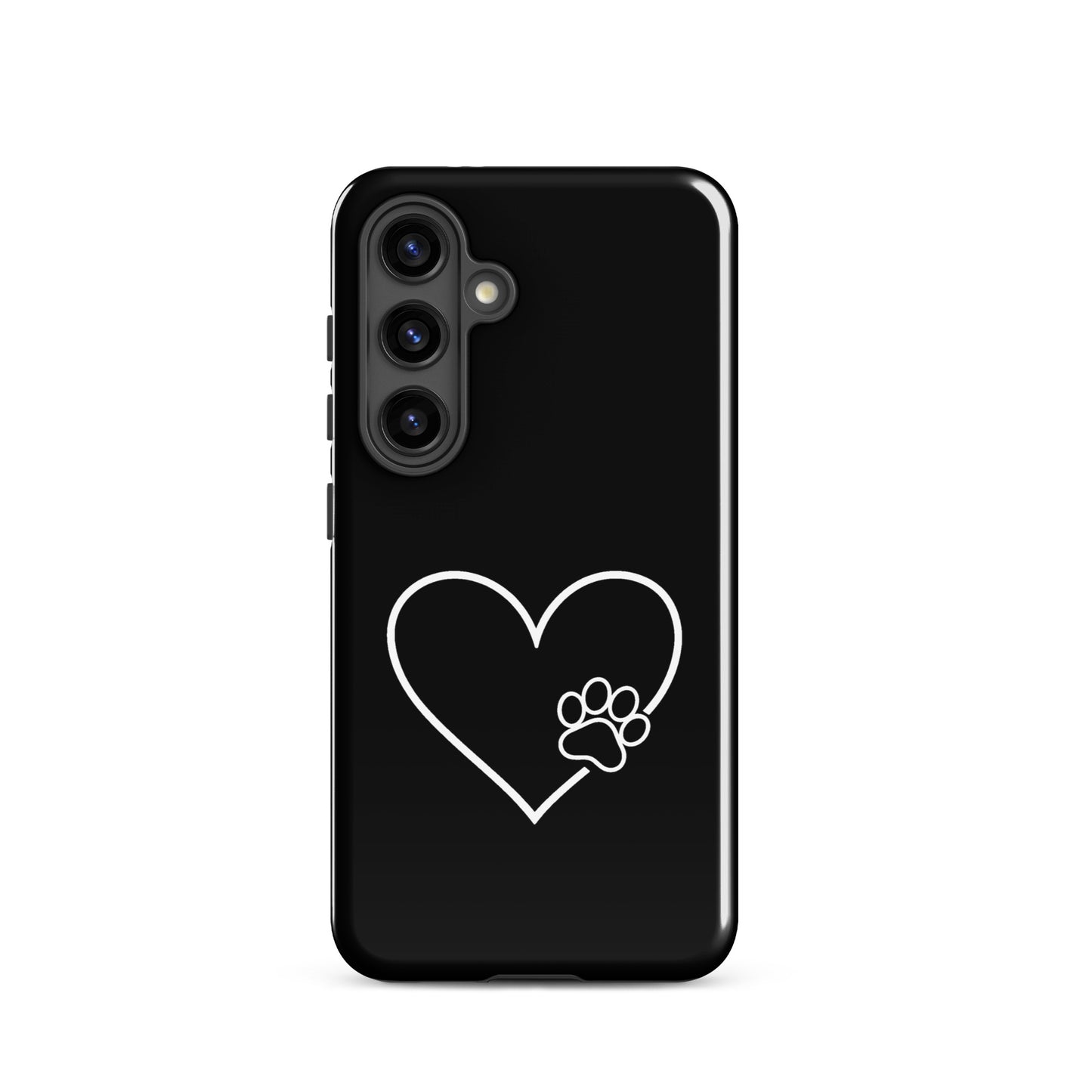 Phone Case for Samsung Galaxy with white heart and paw print design on black background