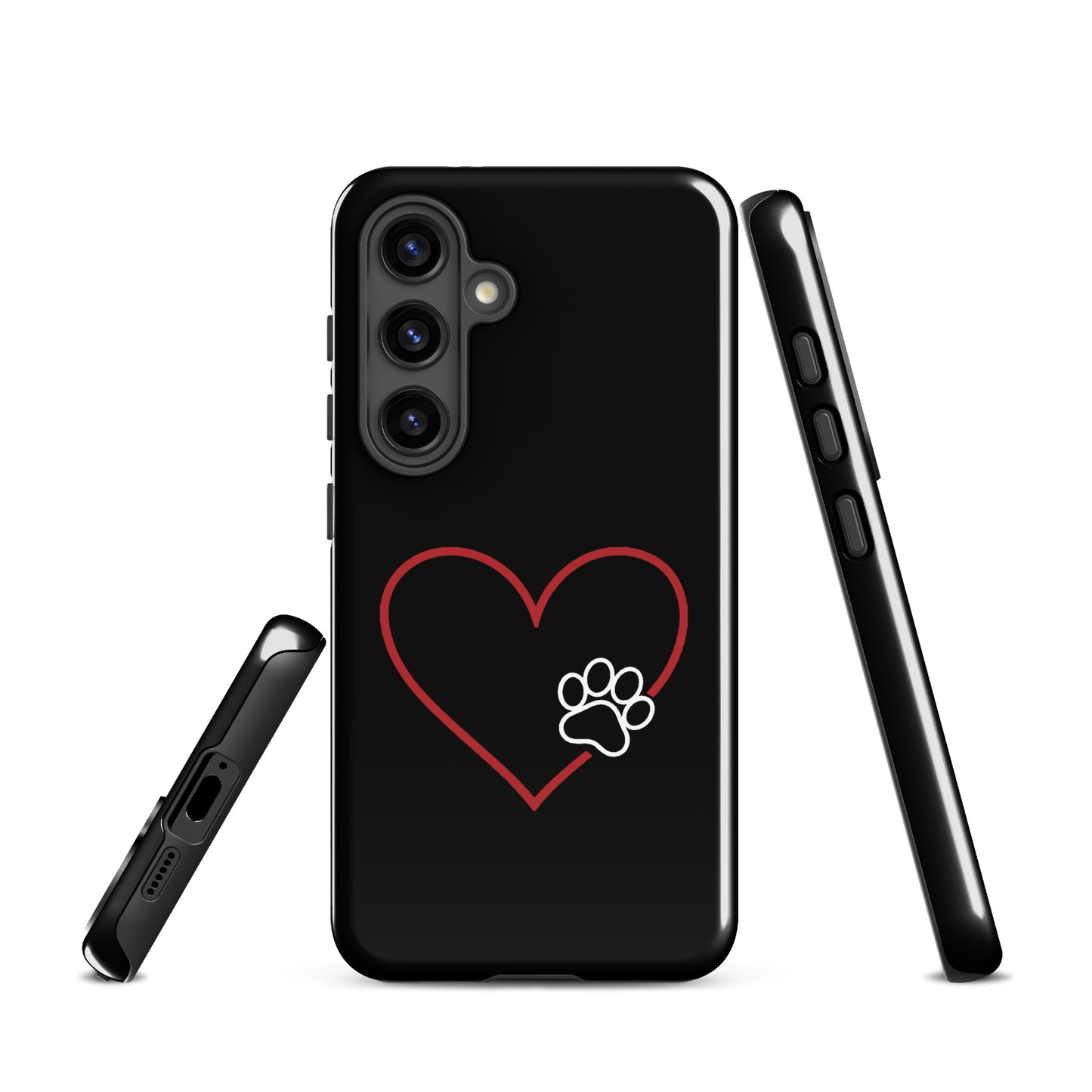 Phone Case for Samsung Galaxy with black paw print and heart design, symbolizing love for pets and protection, sleek and stylish.