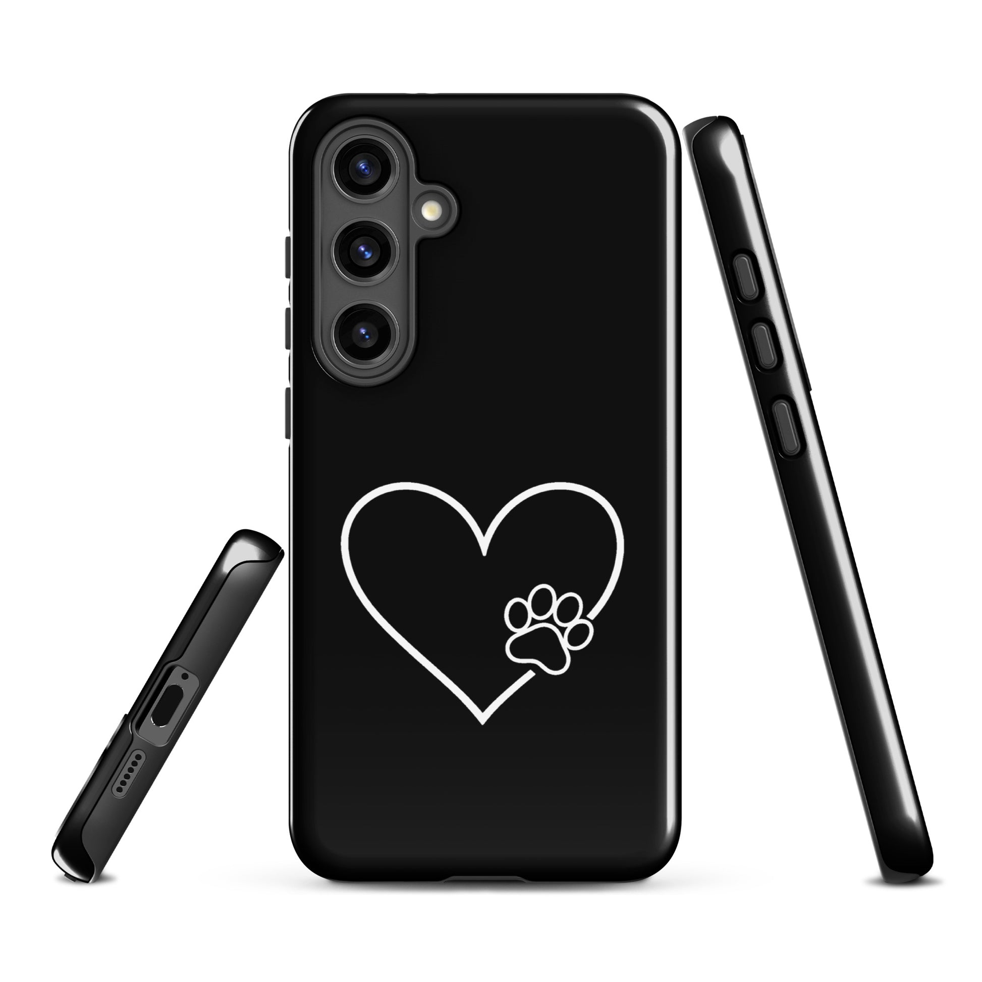 Phone Case for Samsung Galaxy with heart and paw print design, black background, symbolizing love and connection between pet and owner.