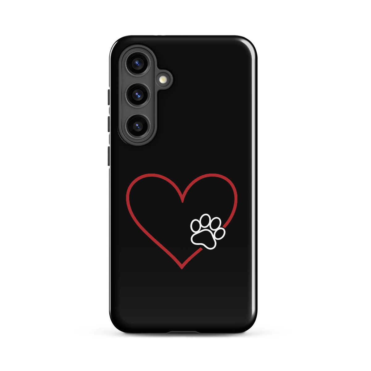Phone Case for Samsung Galaxy with elegant heart paw print design, black case featuring a white paw on a red heart, pet lover's case