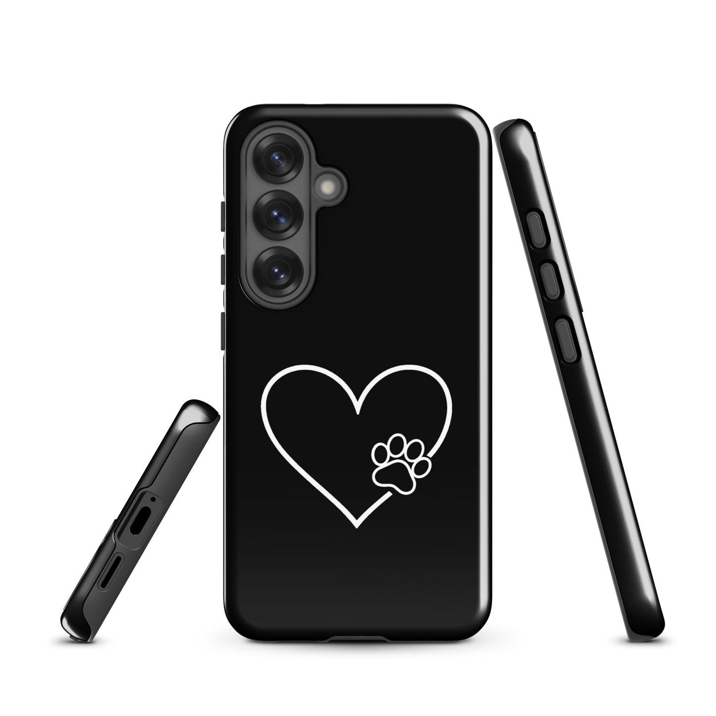 Phone Case for Samsung Galaxy with elegant heart and paw print design in black and white, perfect for pet lovers.