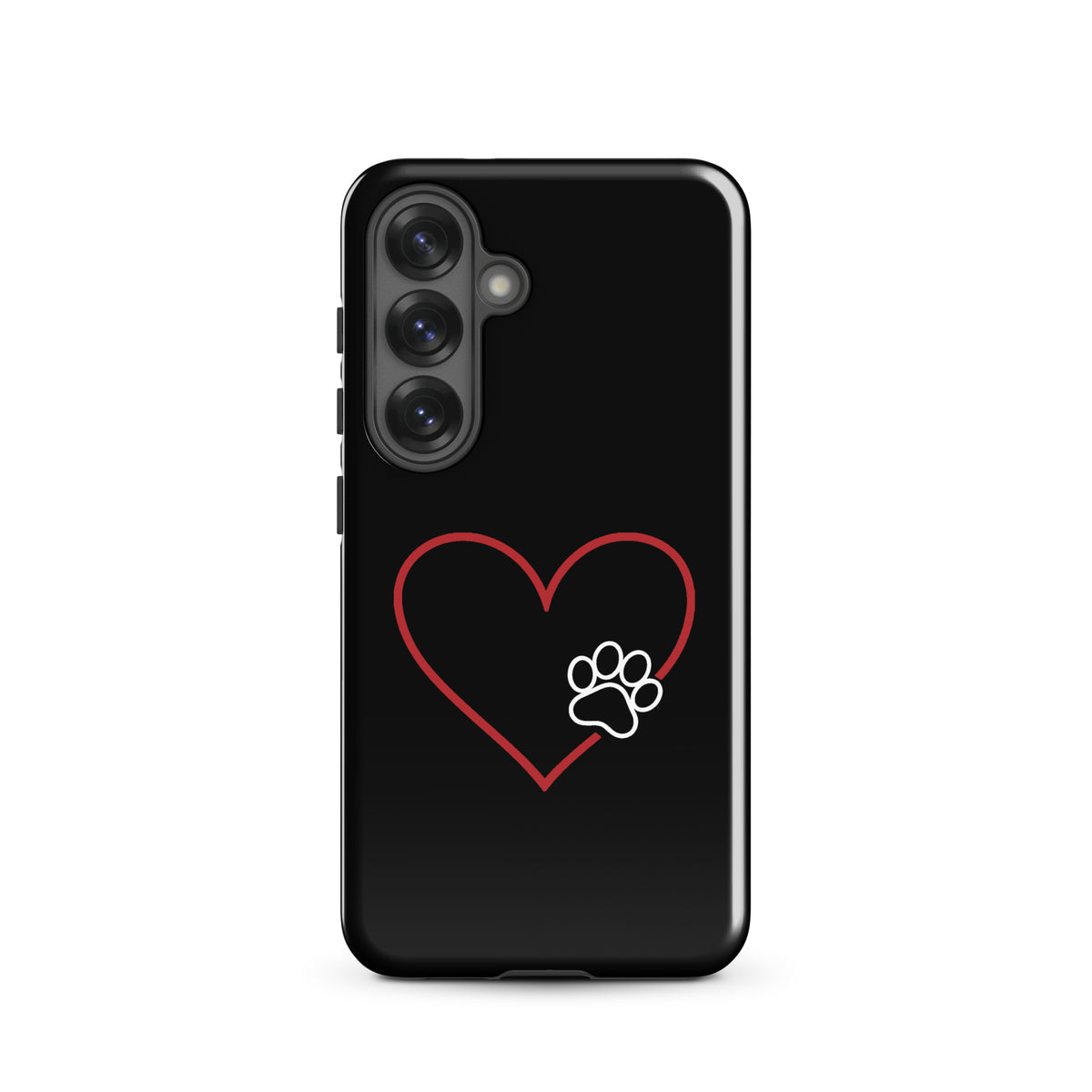 Phone Case for Samsung Galaxy featuring elegant heart and paw print design in red and white on black background.