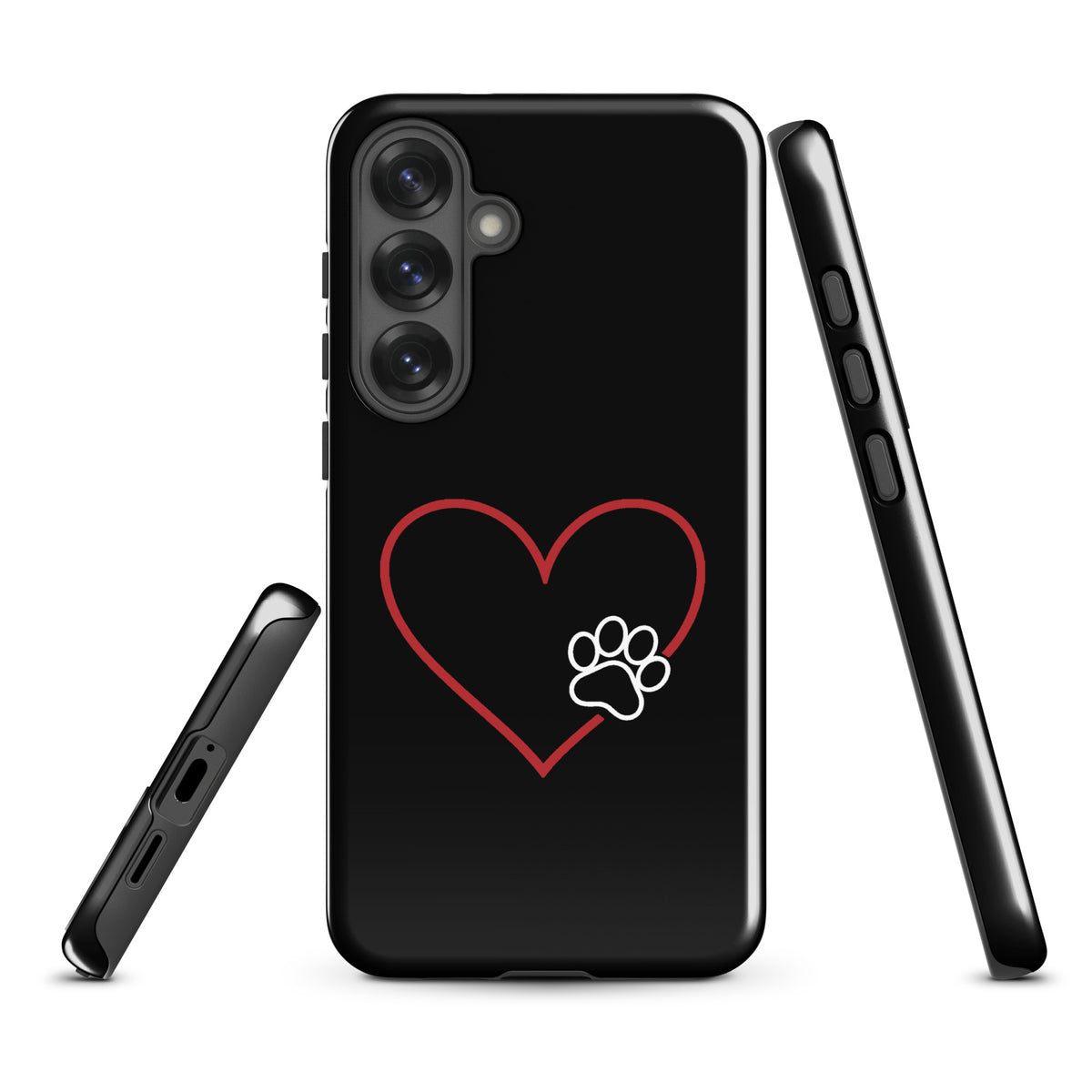 Phone Case for Samsung Galaxy with heart and paw print design, sleek black cover for pet lovers.