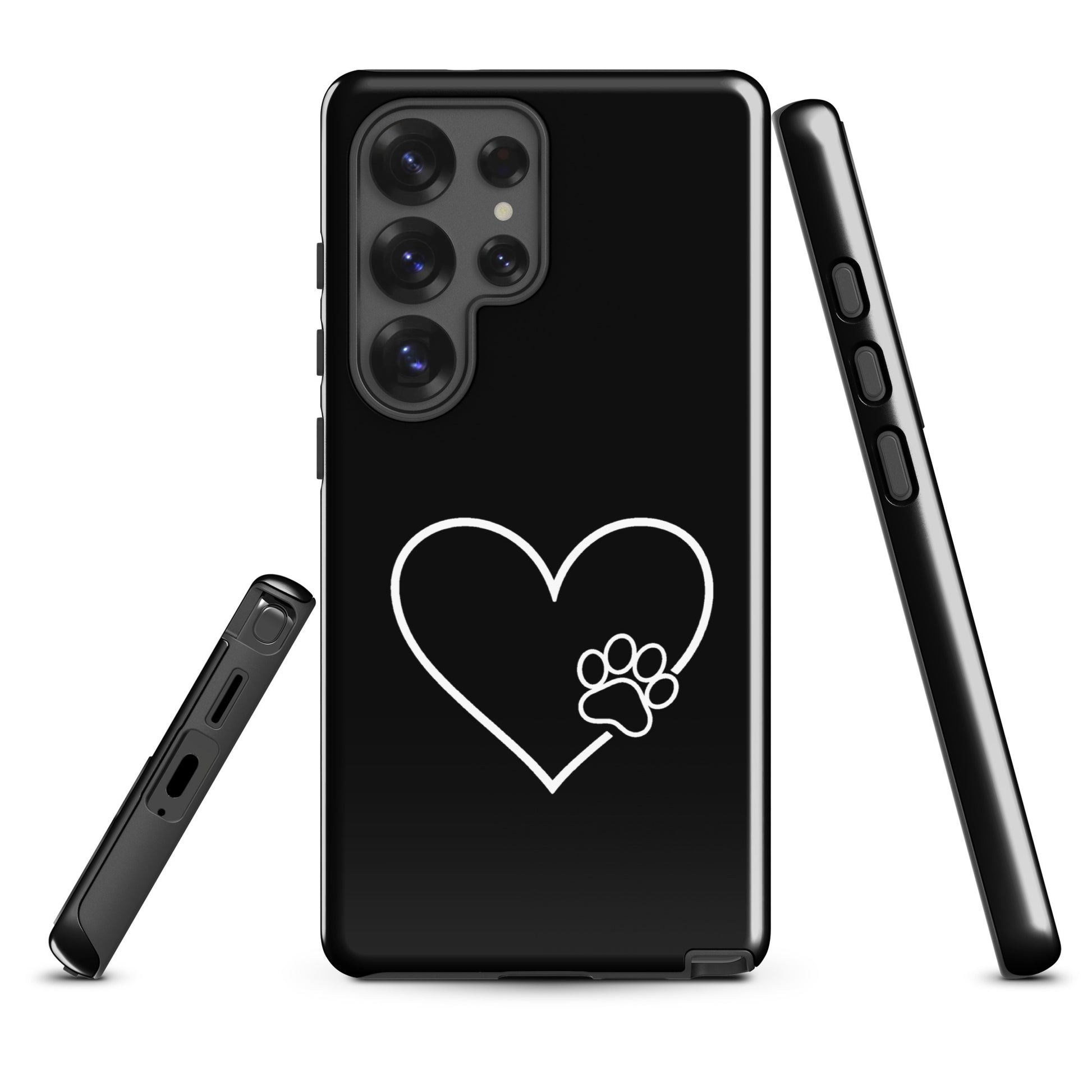Black Phone Case for Samsung Galaxy with white heart paw print design, showcasing love and protection for pet lovers and tech enthusiasts.