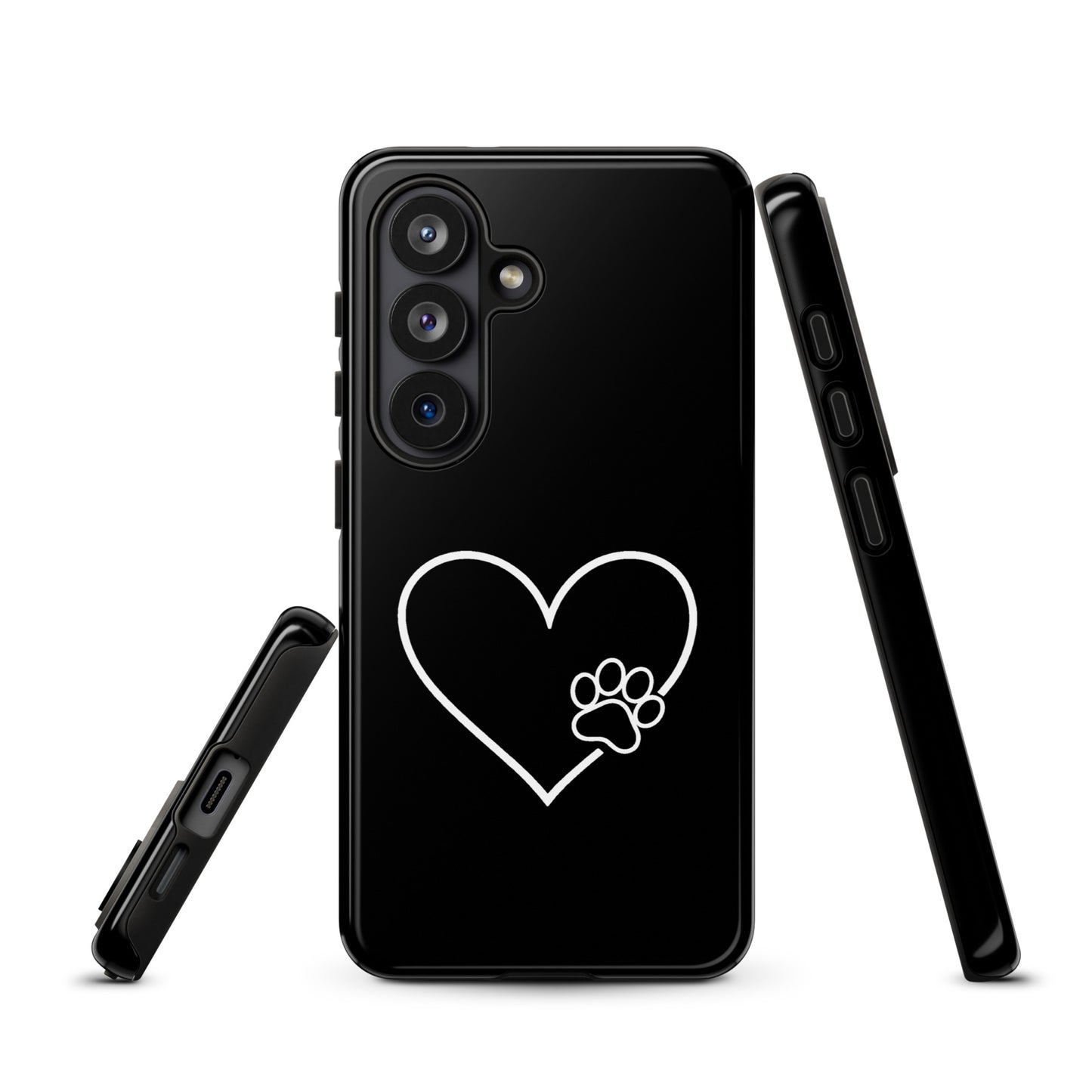 Phone Case for Samsung Galaxy with heart and paw print design, showing animal lover style and smartphone protection in black.