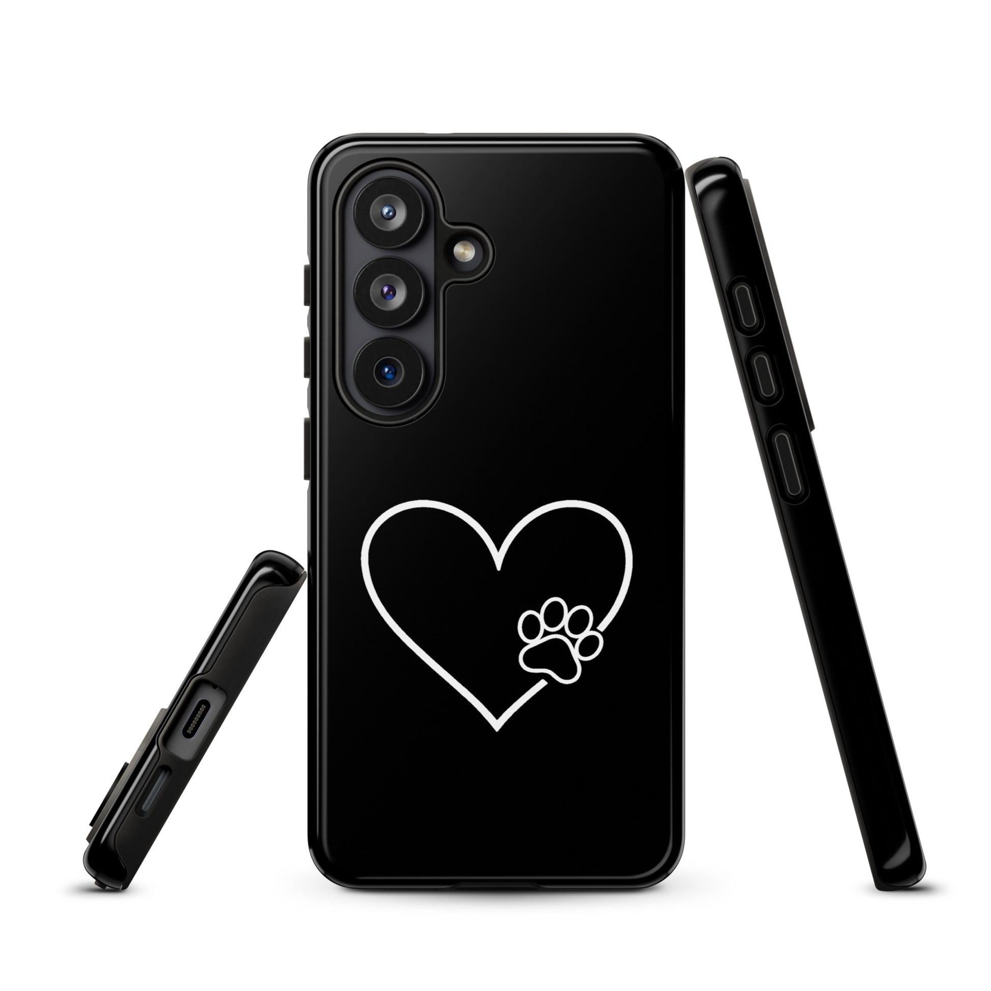 Phone Case for Samsung Galaxy with heart and paw print design, showing animal lover style and smartphone protection in black.