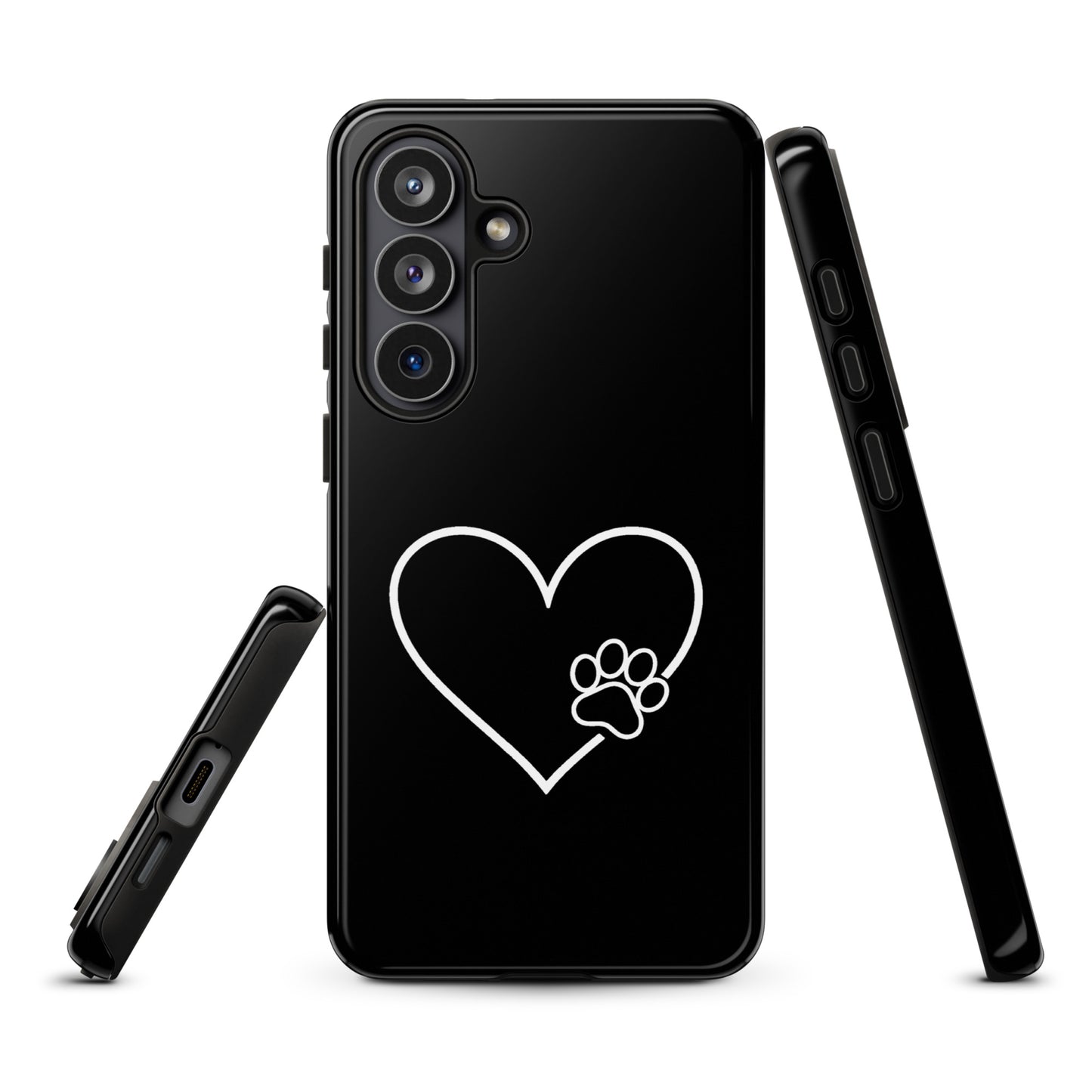 Phone Case for Samsung Galaxy with heart and paw print design in black and white, symbolizing love and pet devotion.