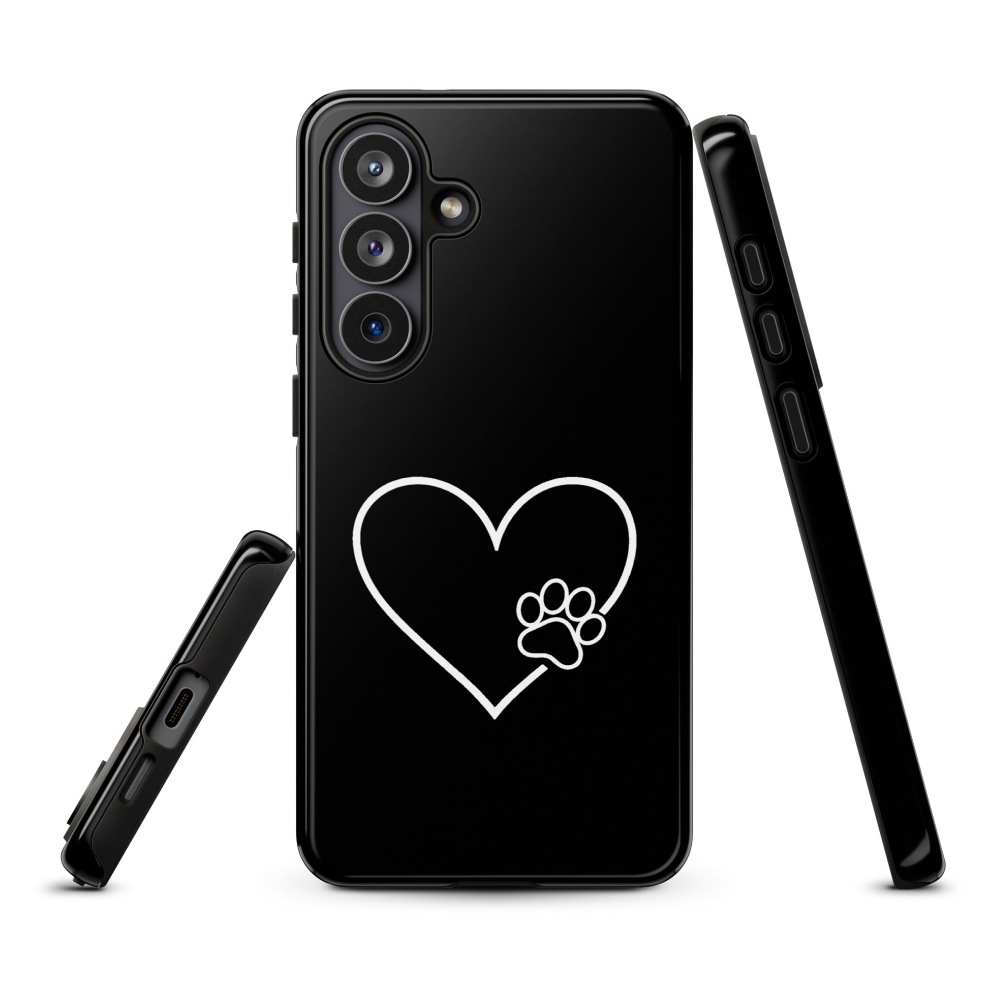 Phone Case for Samsung Galaxy with heart and paw print design in black and white, symbolizing love and pet devotion.