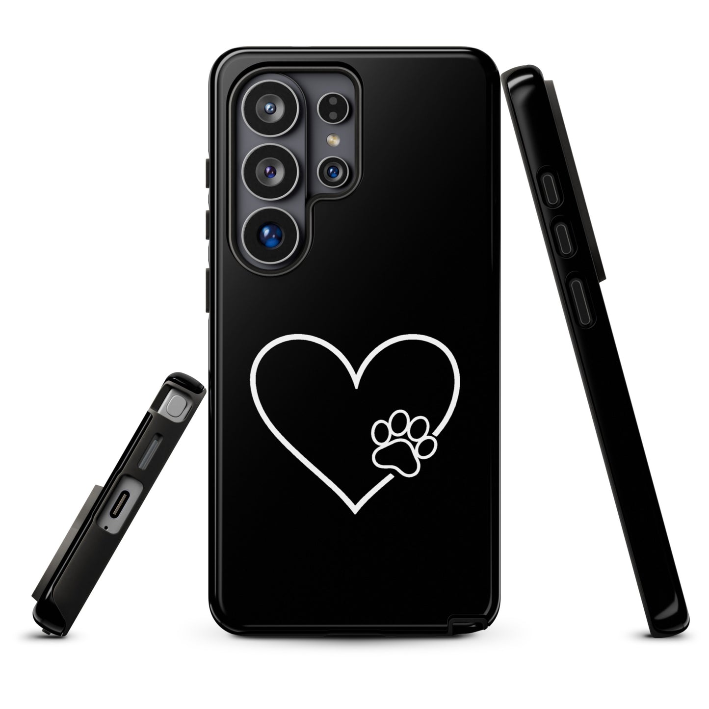Phone Case for Samsung Galaxy with heart and paw print design, offering pet lovers style and protection, minimalist black design.
