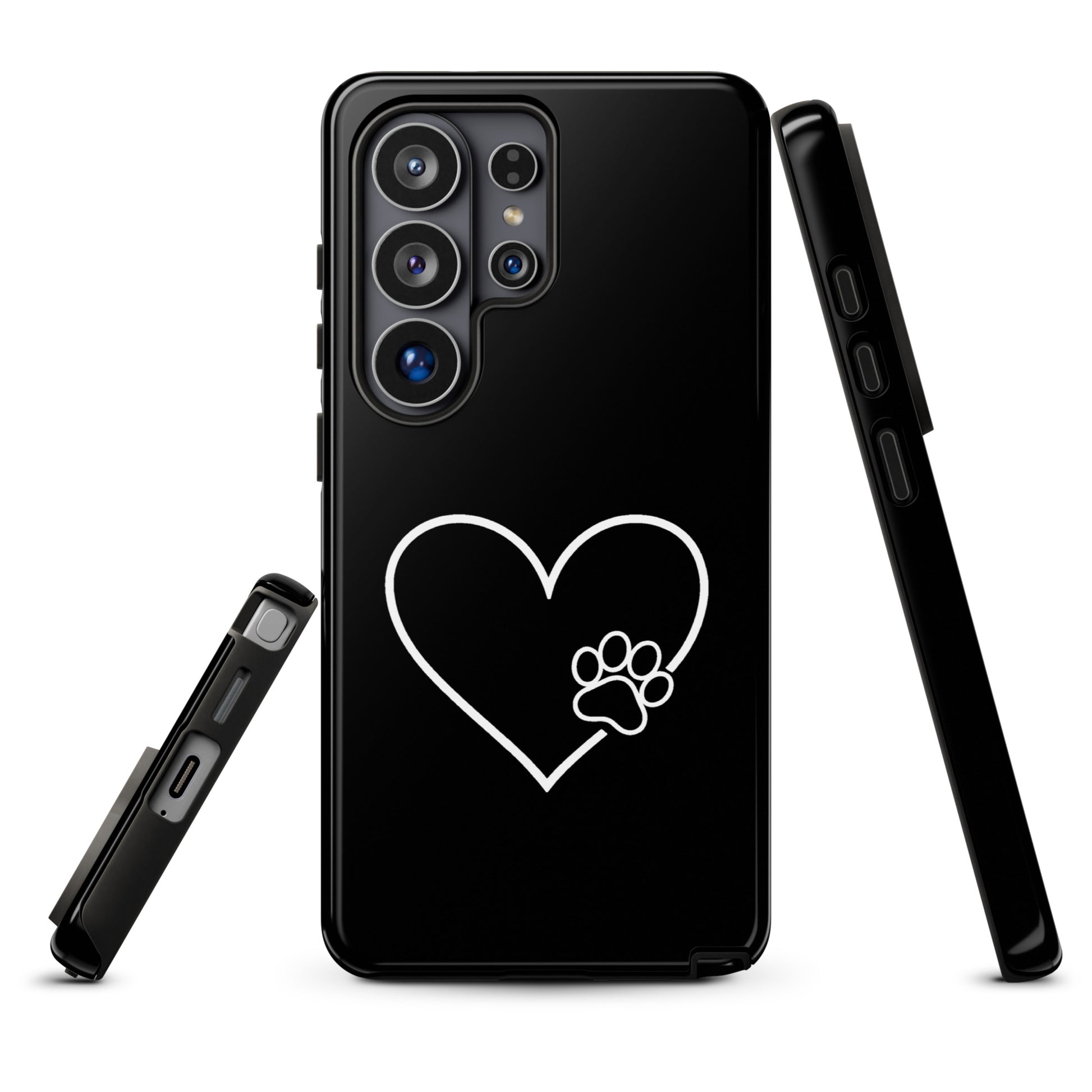 Phone Case for Samsung Galaxy with heart and paw print design, offering pet lovers style and protection, minimalist black design.
