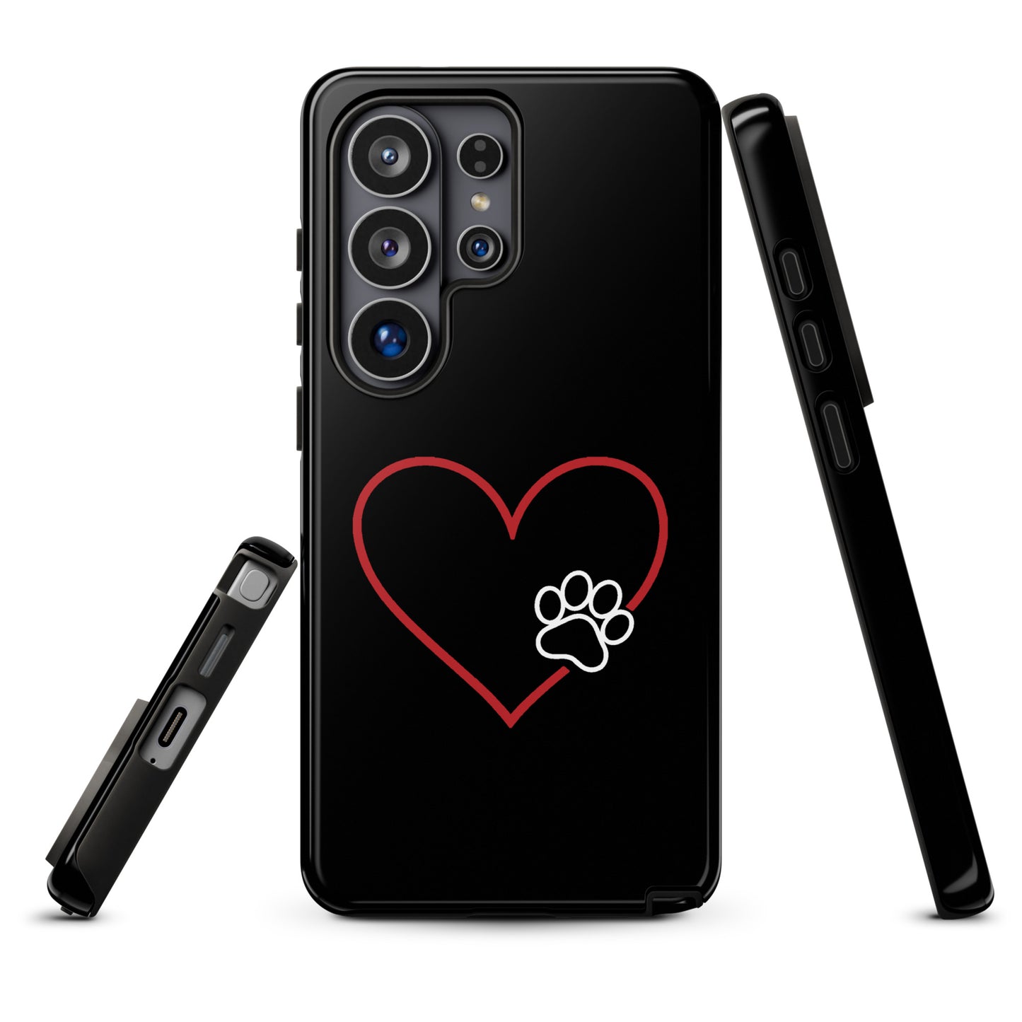 Phone Case for Samsung Galaxy with heart and paw print design on black background, symbolizing pet love and tech protection.