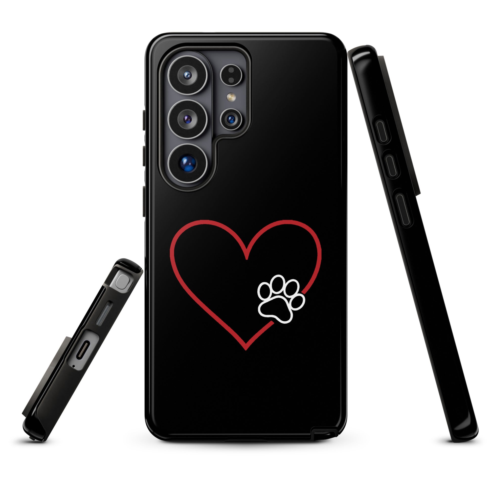 Phone Case for Samsung Galaxy with heart and paw print design on black background, symbolizing pet love and tech protection.
