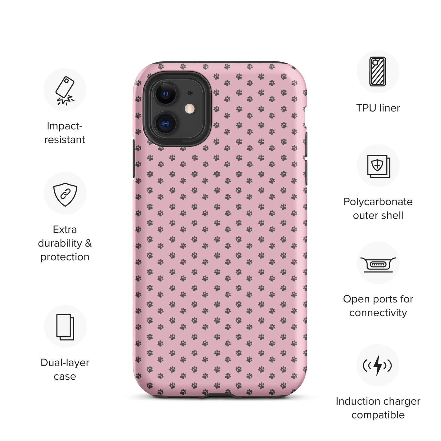 Phone Case for iPhone with paw-print design on pink background showcasing features like impact resistance and durability.