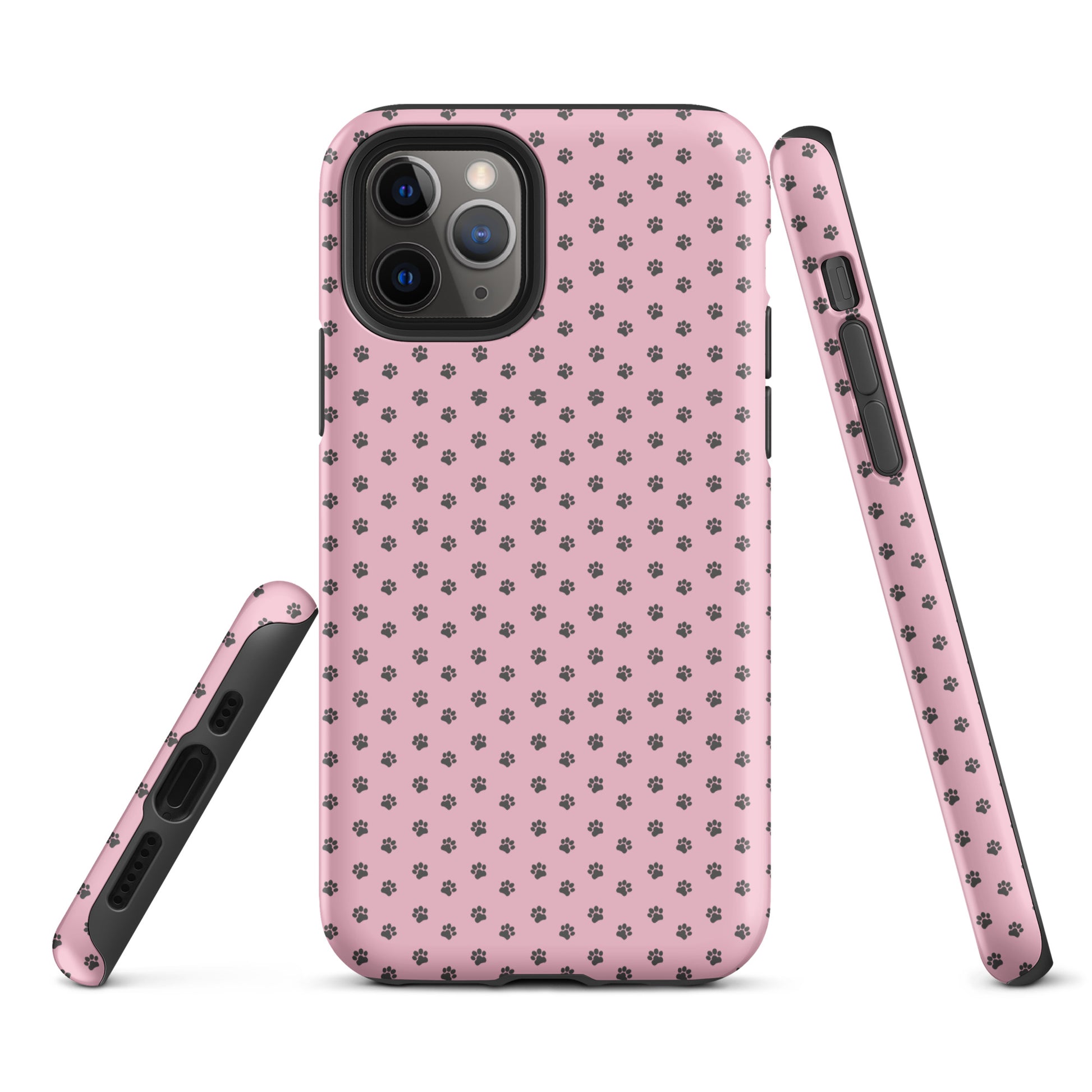 Phone Case for iPhone with pink background and dark gray paw-print pattern, offering playful protection and charm for pet lovers.