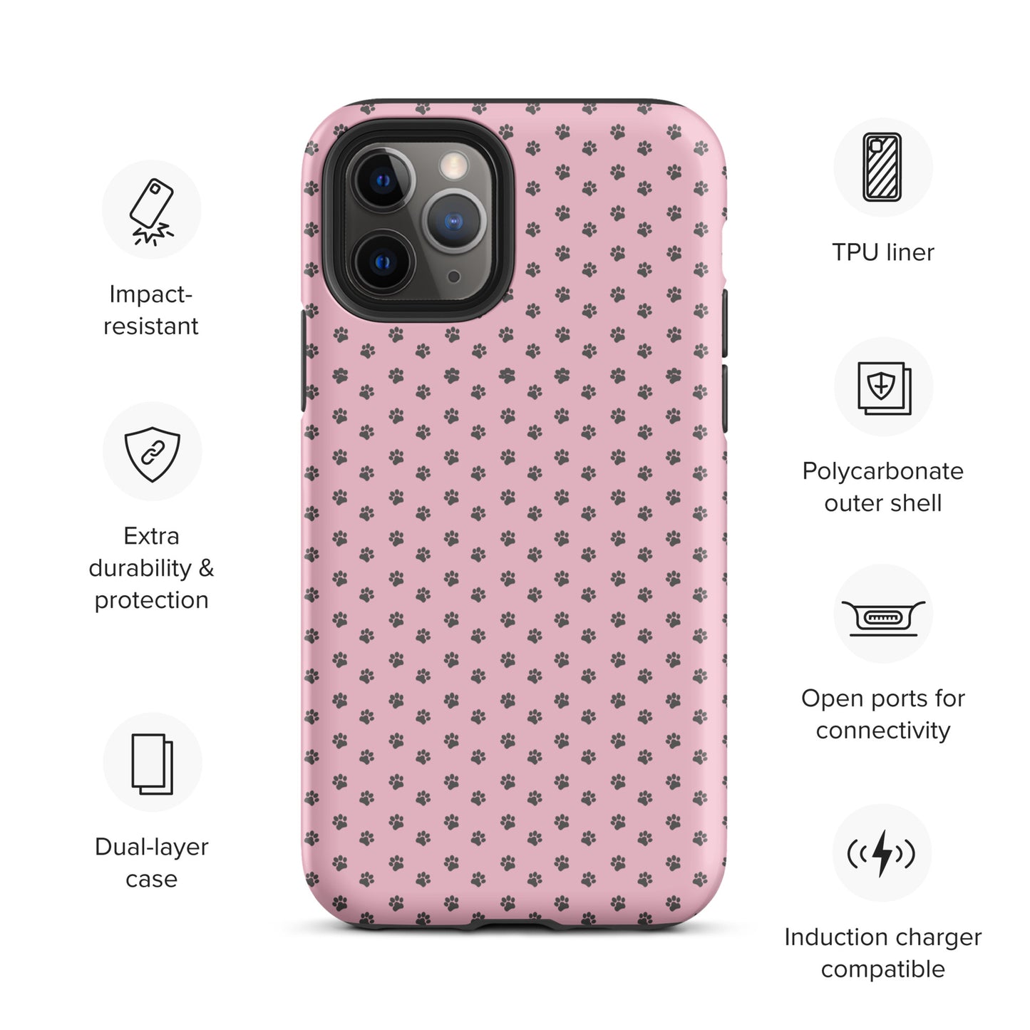 Phone Case for iPhone with pink background and gray paw-print pattern, offering playful protection and dual-layer durability.