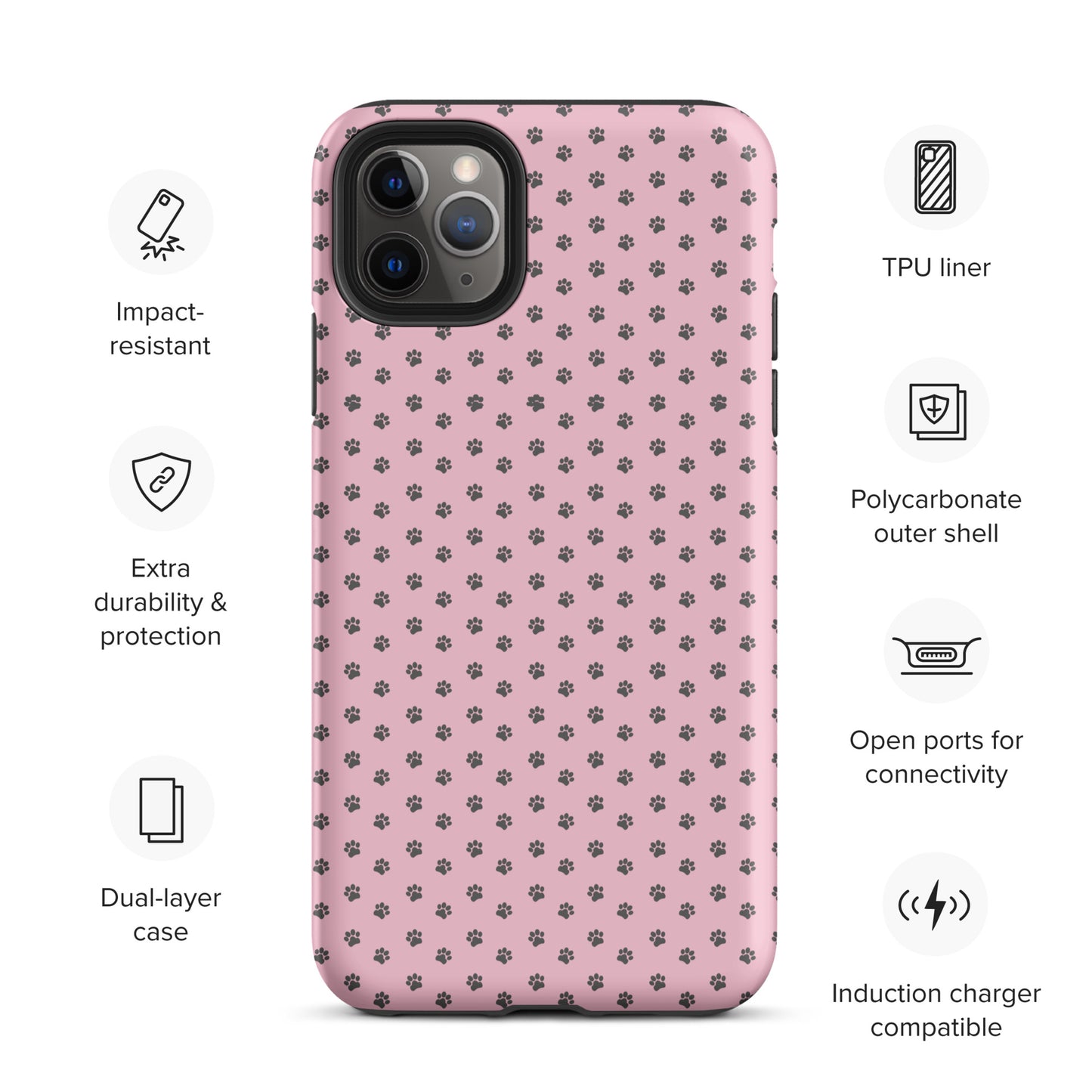 Phone Case for iPhone with paw print pattern on pink background, featuring impact resistance and dual-layer protection.