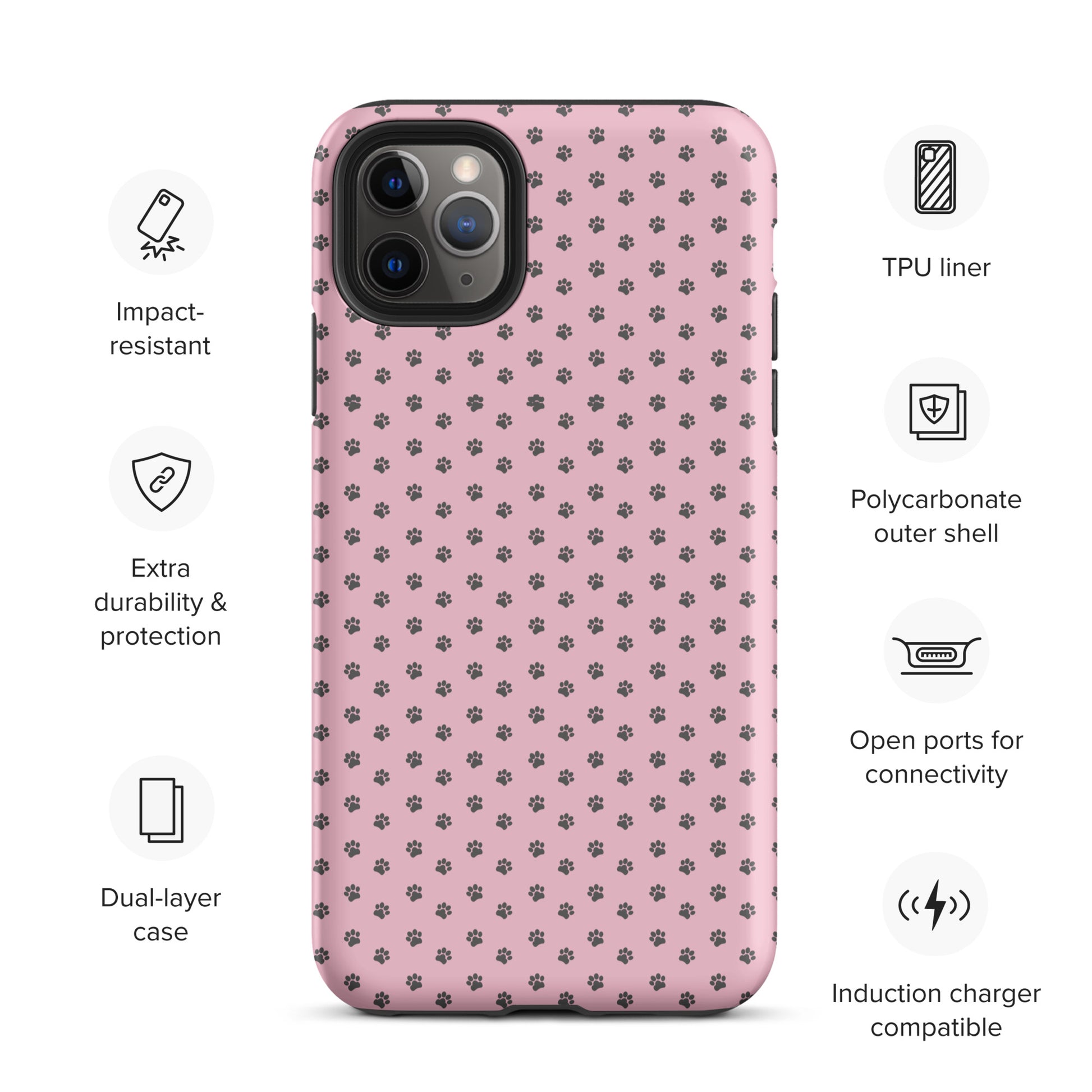 Phone Case for iPhone with paw print pattern on pink background, featuring impact resistance and dual-layer protection.