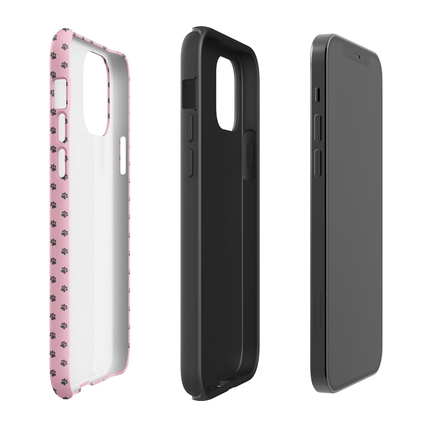 Phone Case for iPhone with paw-print design on pink background, showcasing playful protection with durable material and pet-friendly style.