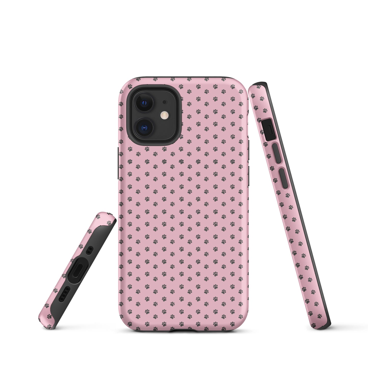 Pink Phone Case for iPhone with dark gray paw-print design showcasing playful protection and pet-friendly charm.