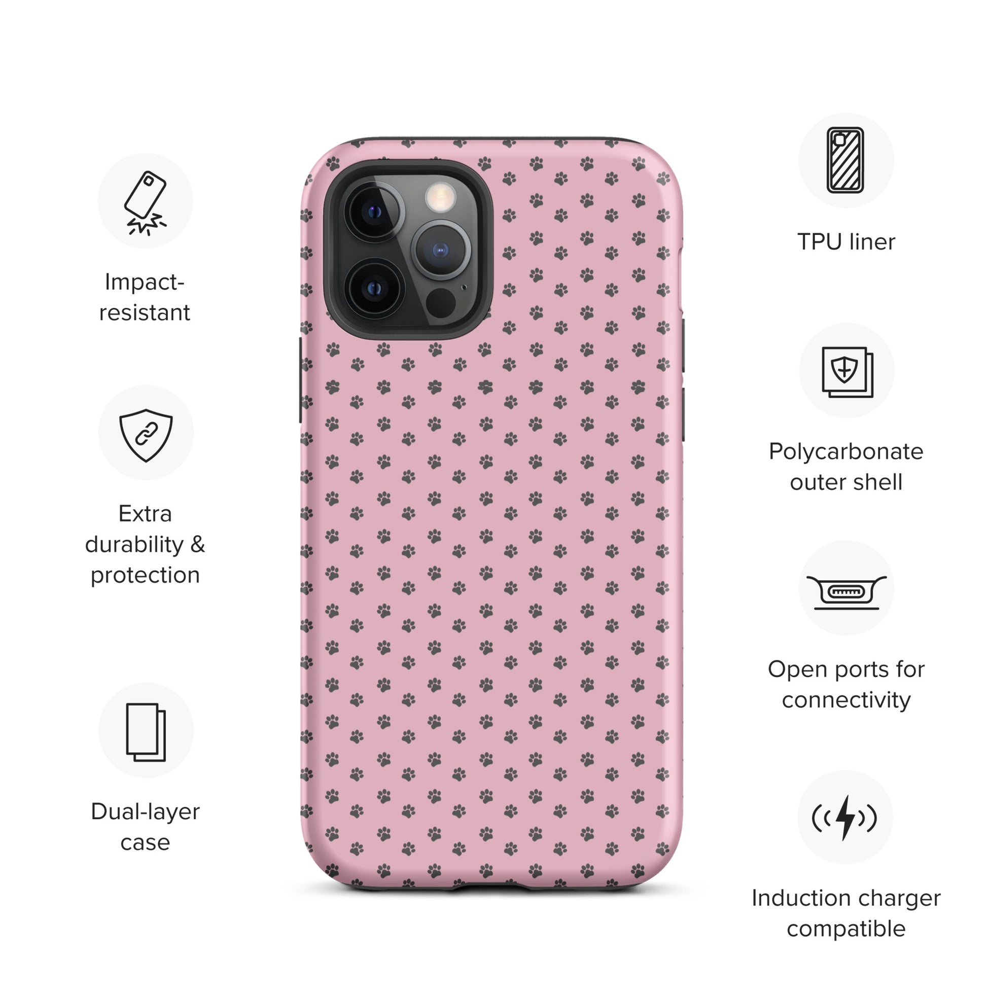 Phone Case for iPhone with paw-print design, dual-layer protection, soft pink background, TPU liner, and polycarbonate shell compatibility.