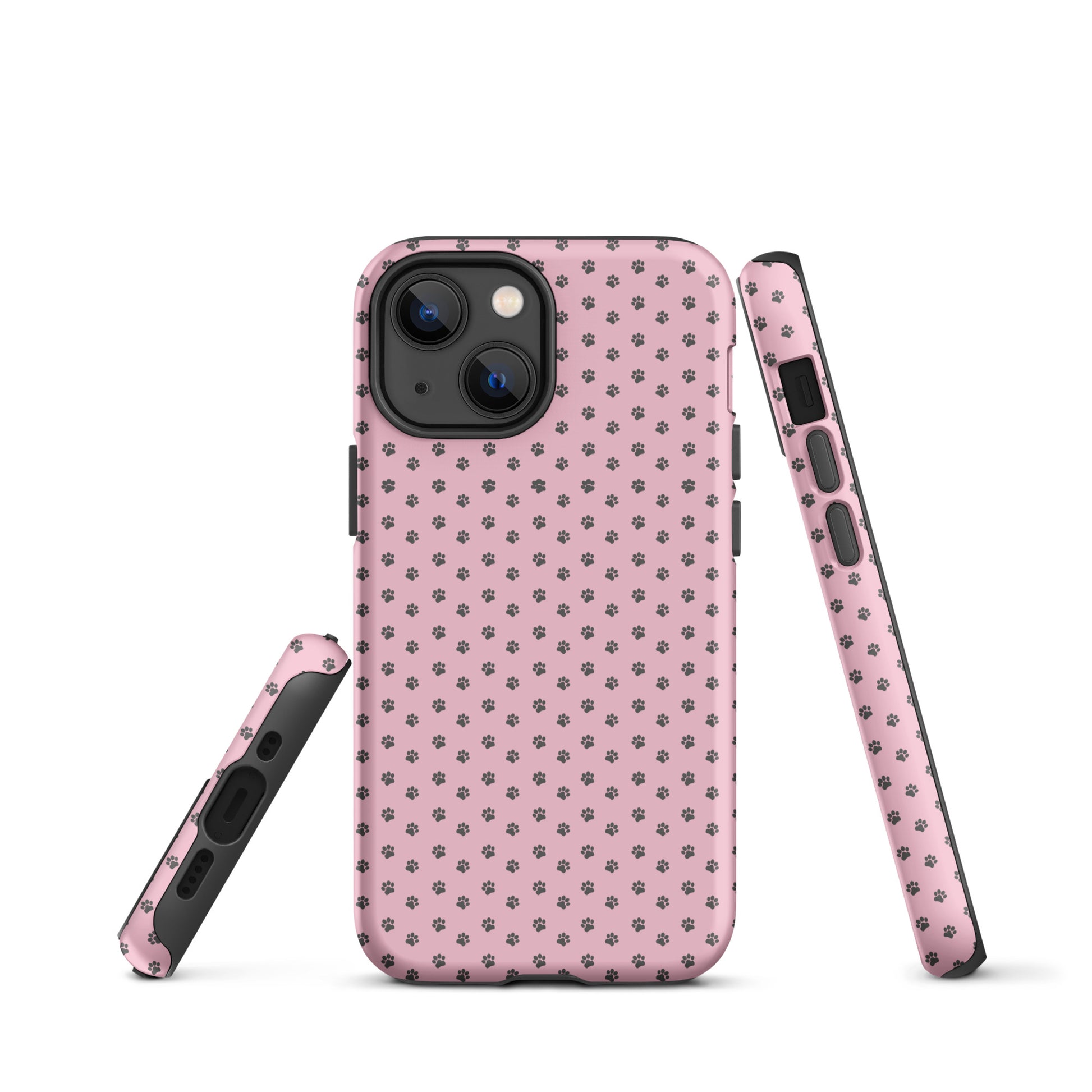 Phone Case for iPhone with dark gray paw print design on pink background, showing playful and protective style for pet lovers.