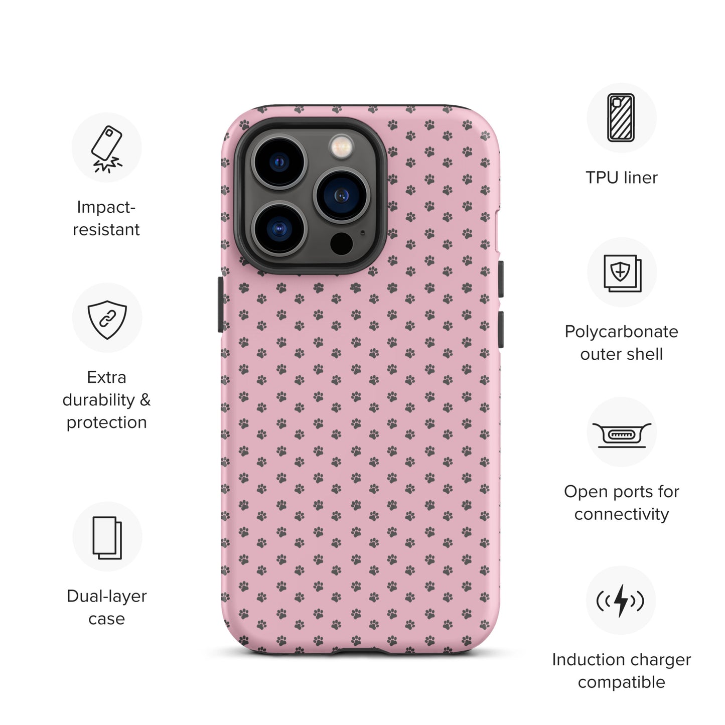 Phone Case with paw-print design for iPhone, featuring pink background and dark gray paw prints, highlighting playful protection and durability.