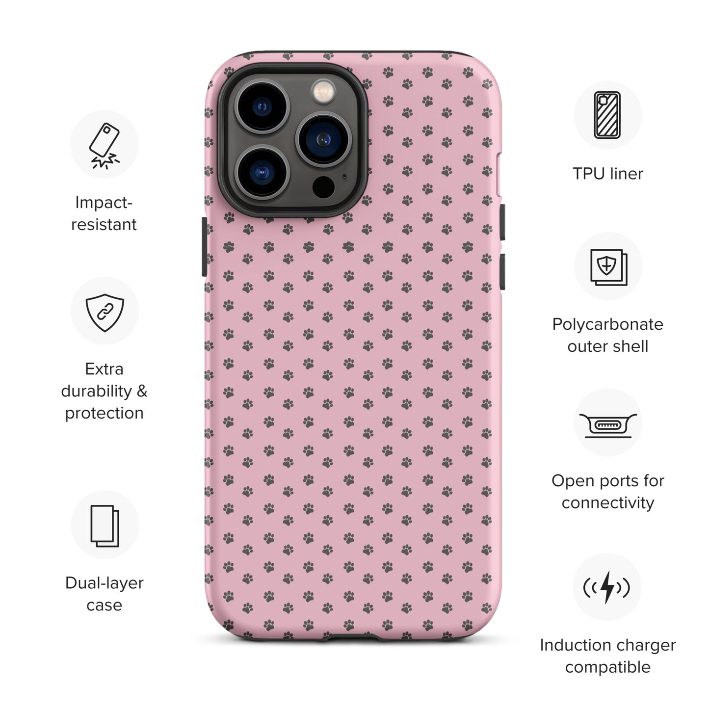 Phone Case for iPhone with pink paw print design, featuring impact-resistant dual-layer protection and open ports for connectivity.