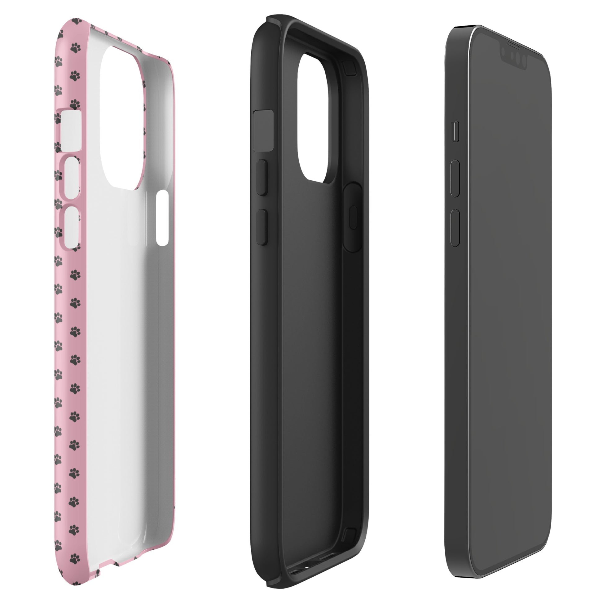 Phone Case for iPhone with paw print design in soft pink and gray, featuring durable edges and playful charm.