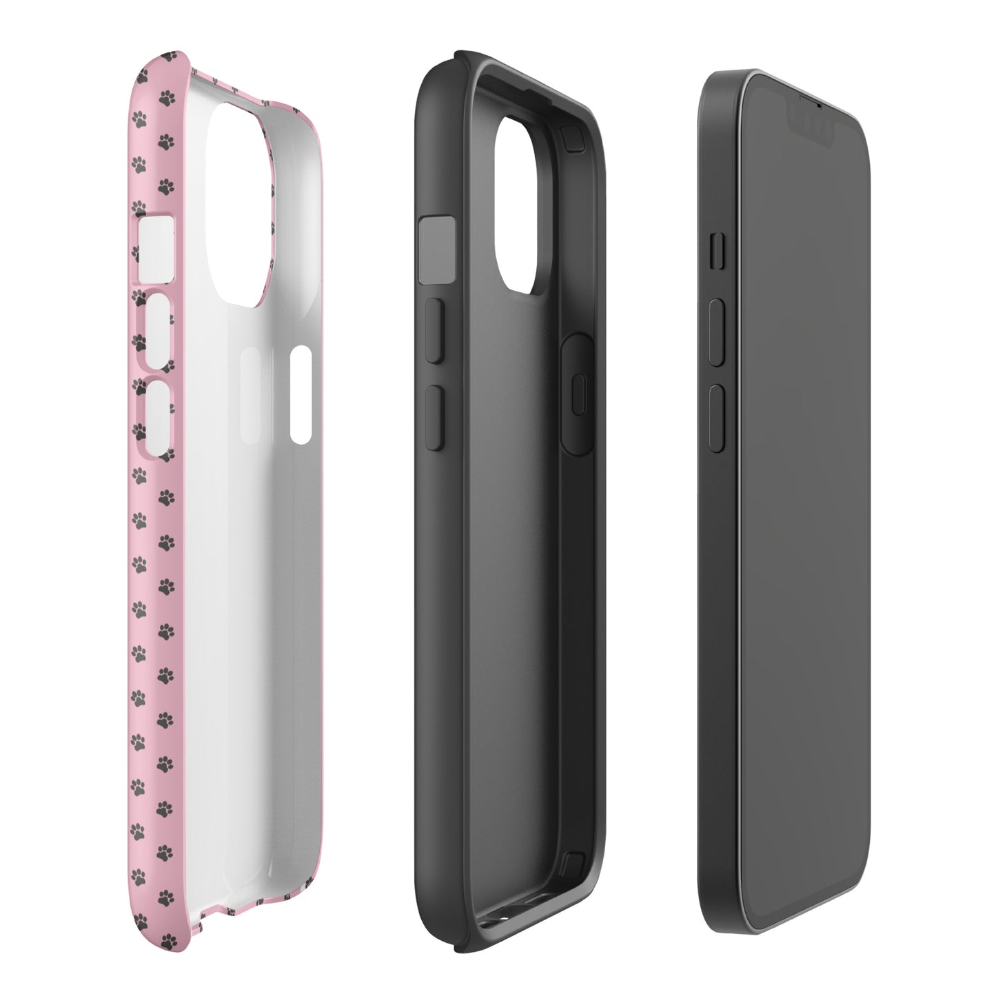 Phone Case with pink paw-print design for iPhone, showing front, side, and back views for playful protection.