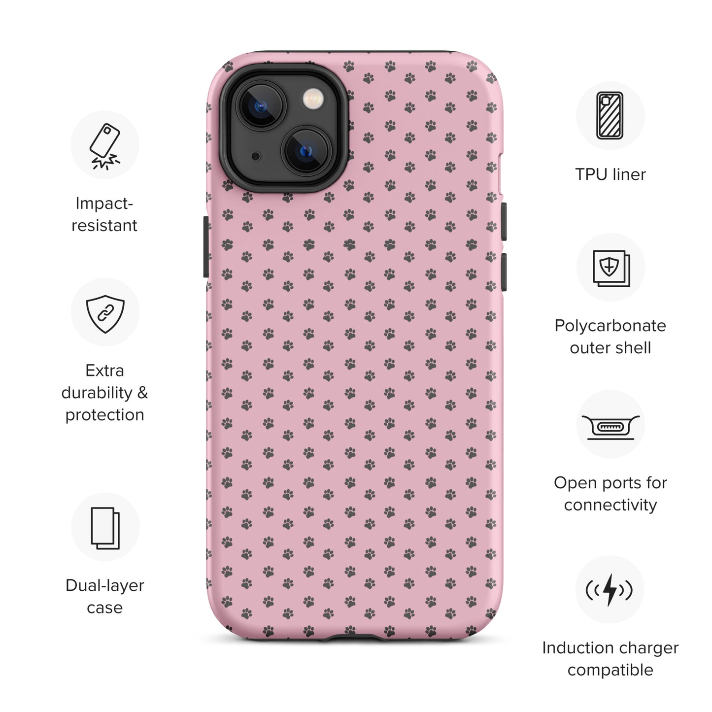 Phone Case for iPhone with paw print design on soft pink background, impact-resistant and wireless charger compatible