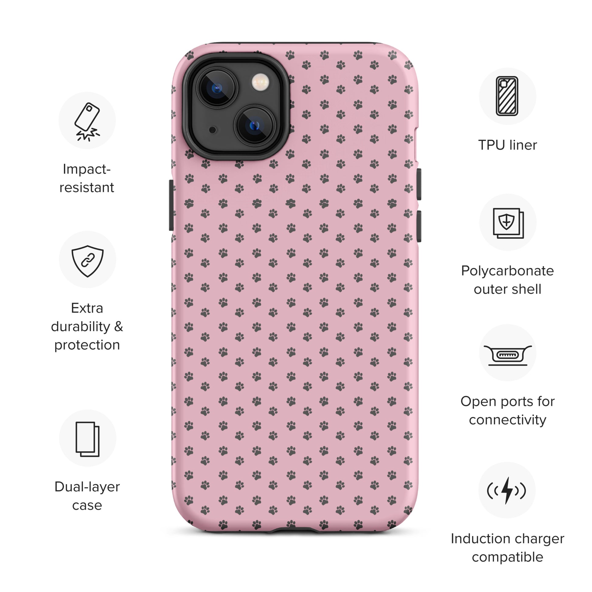 Phone Case for iPhone with paw print design on soft pink background, impact-resistant and wireless charger compatible