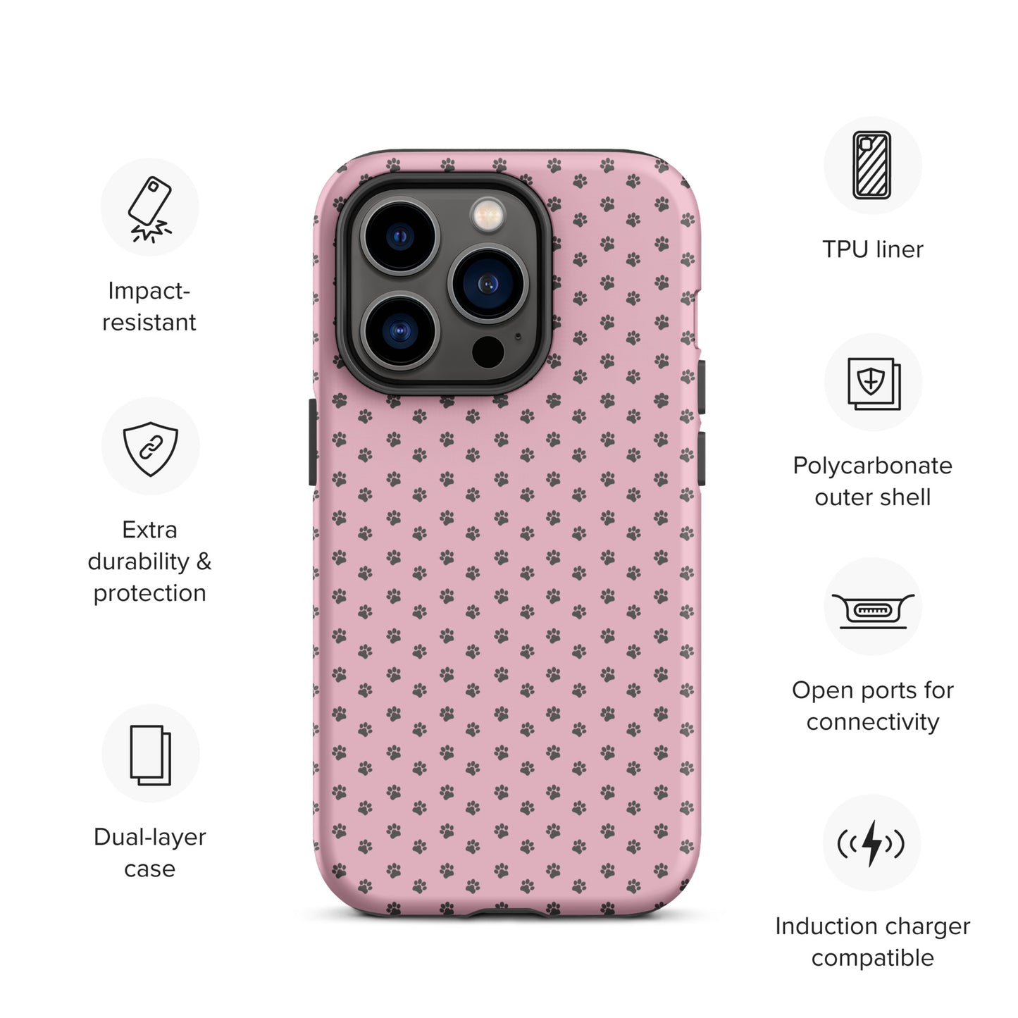 Phone Case for iPhone with paw-print design on a pink background, showcasing impact resistance and compatibility with wireless charging.
