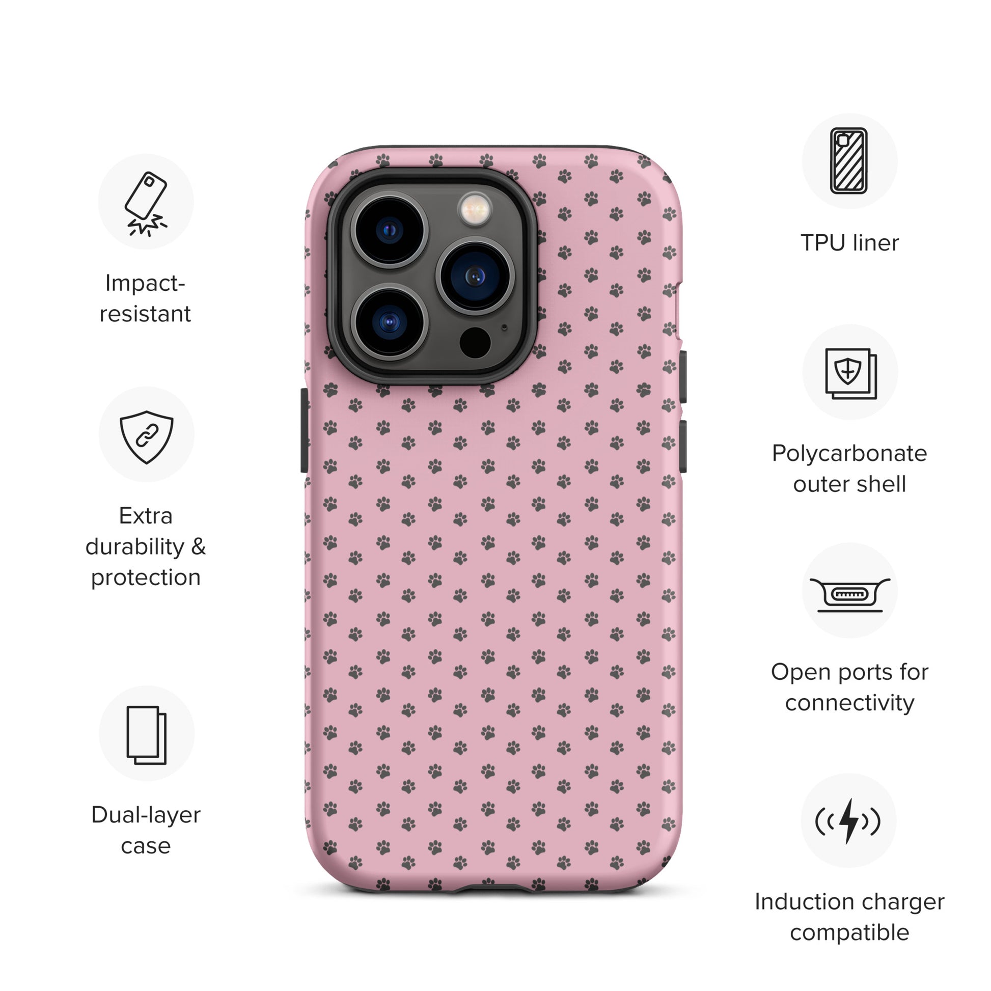 Phone Case for iPhone with paw-print design on a pink background, showcasing impact resistance and compatibility with wireless charging.