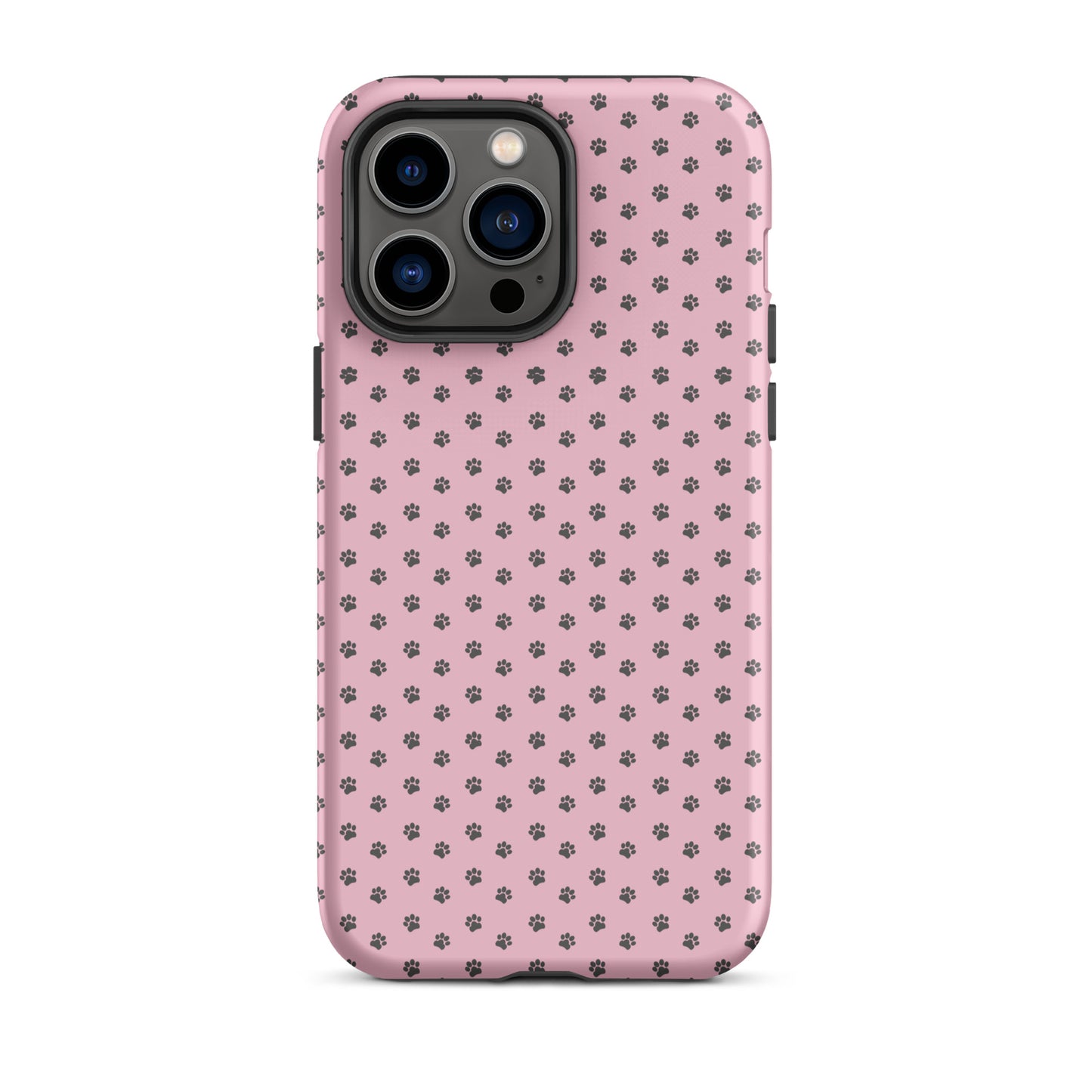 Phone Case for iPhone with dark gray paw-print design on soft pink background, playful and durable for pet lovers.