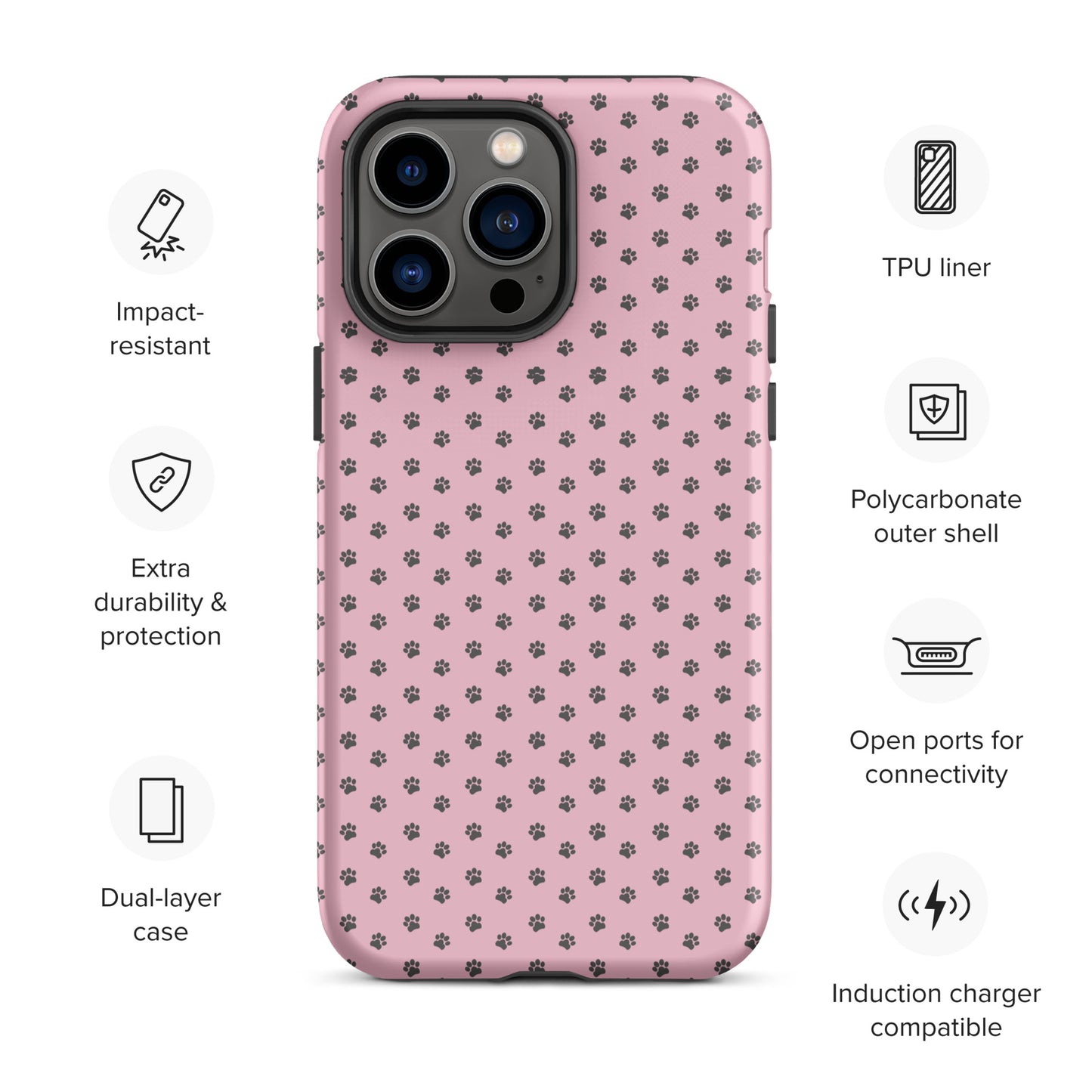 Phone Case for iPhone featuring pink paw-print design, showcasing impact resistance and dual-layer protection.