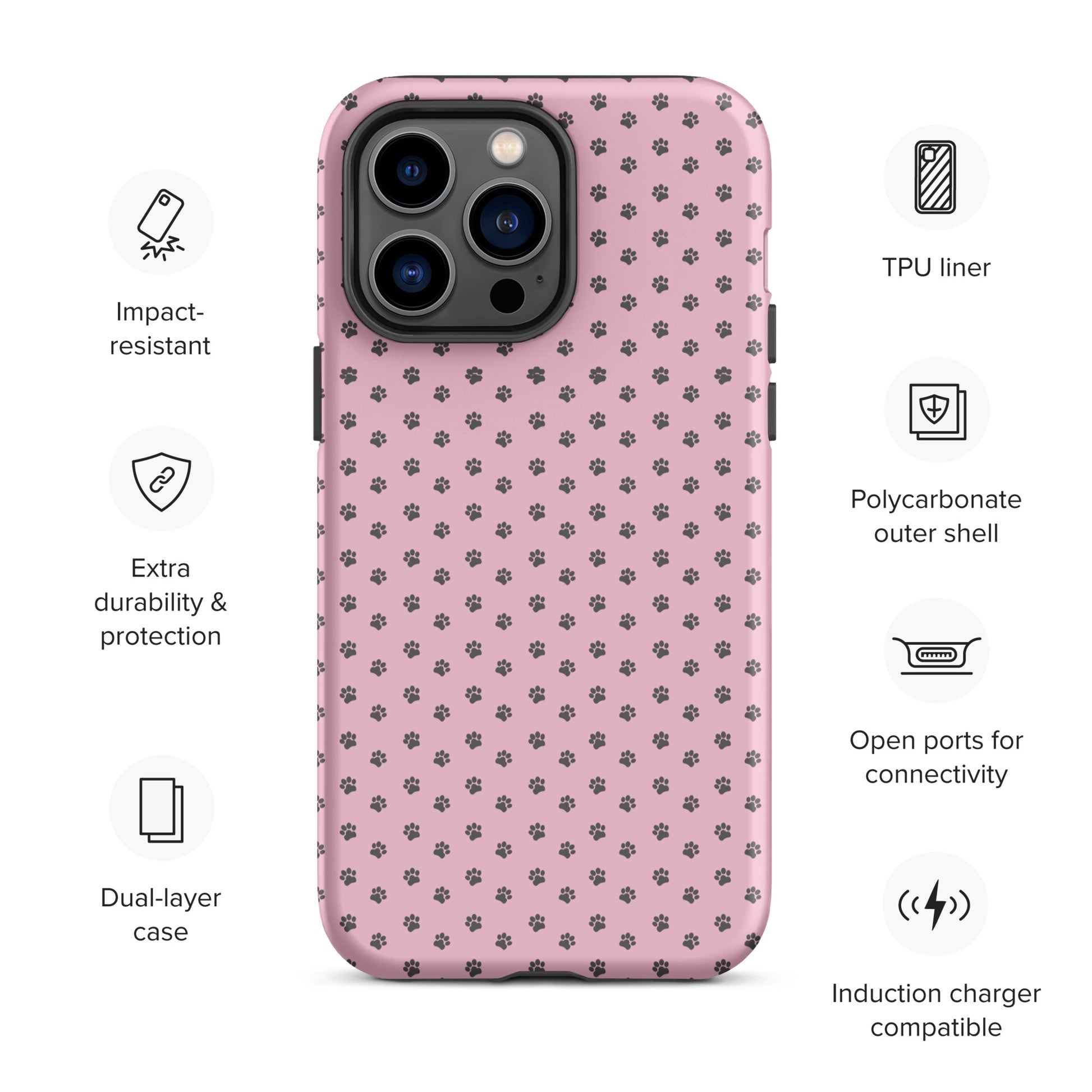 Phone Case for iPhone featuring pink paw-print design, showcasing impact resistance and dual-layer protection.