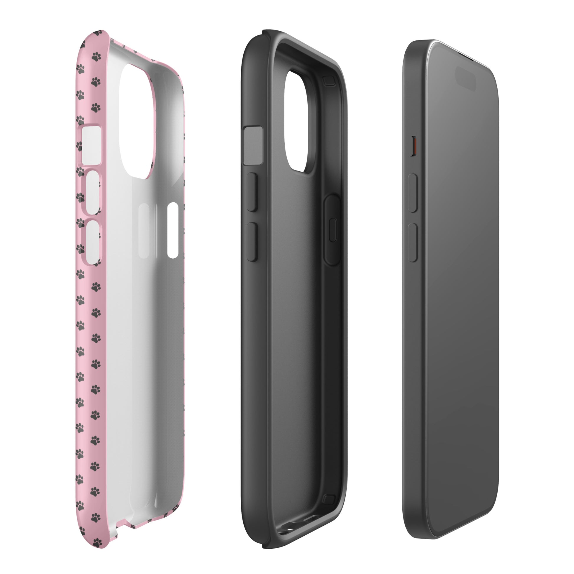 Phone Case for iPhone with Paw‑Print Design, featuring dark gray paw prints on a pink background, showcasing playful protection.