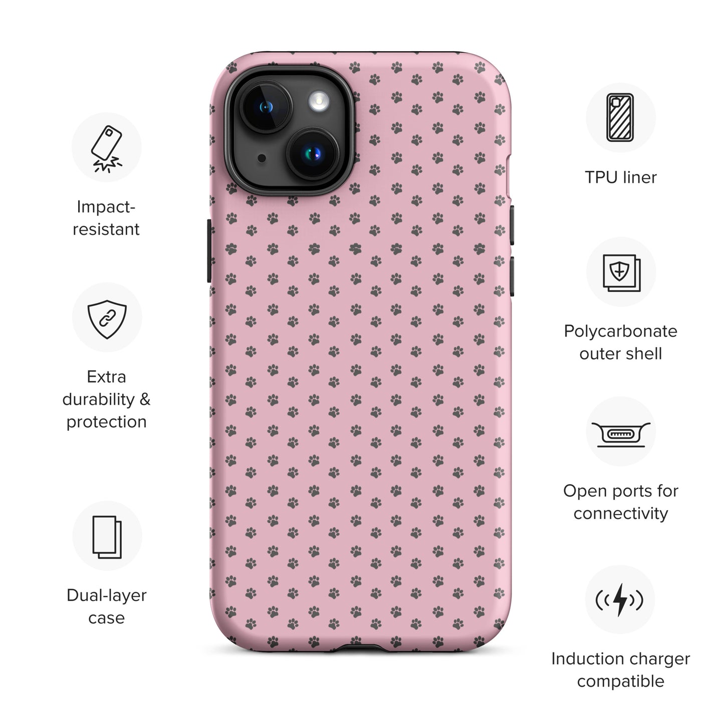 Phone Case for iPhone with paw-print design on pink background, dual-layer protection, impact-resistant features, and open ports visible
