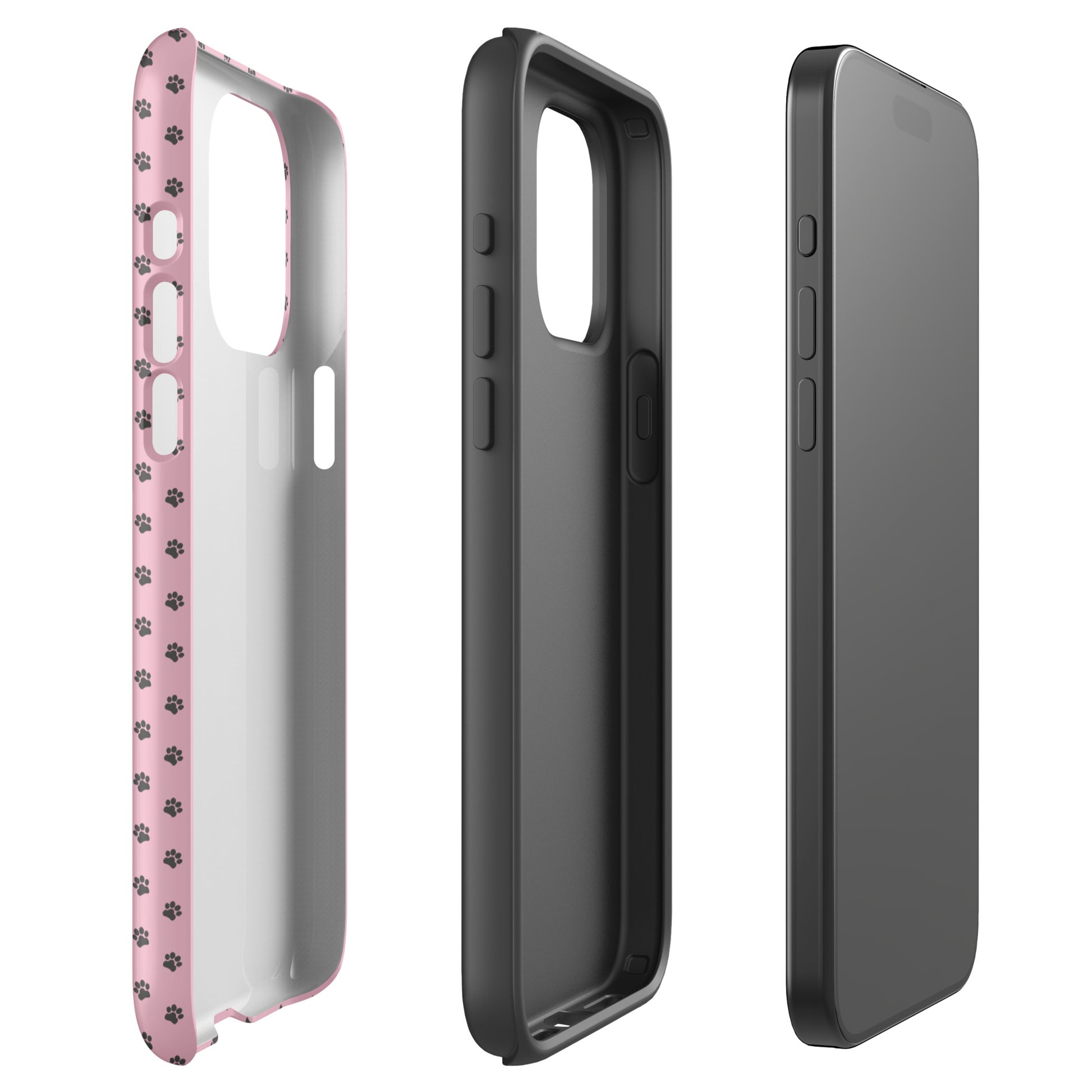Phone Case for iPhone with paw-print design, showcasing pink background with dark gray paw prints and side view of durable construction.