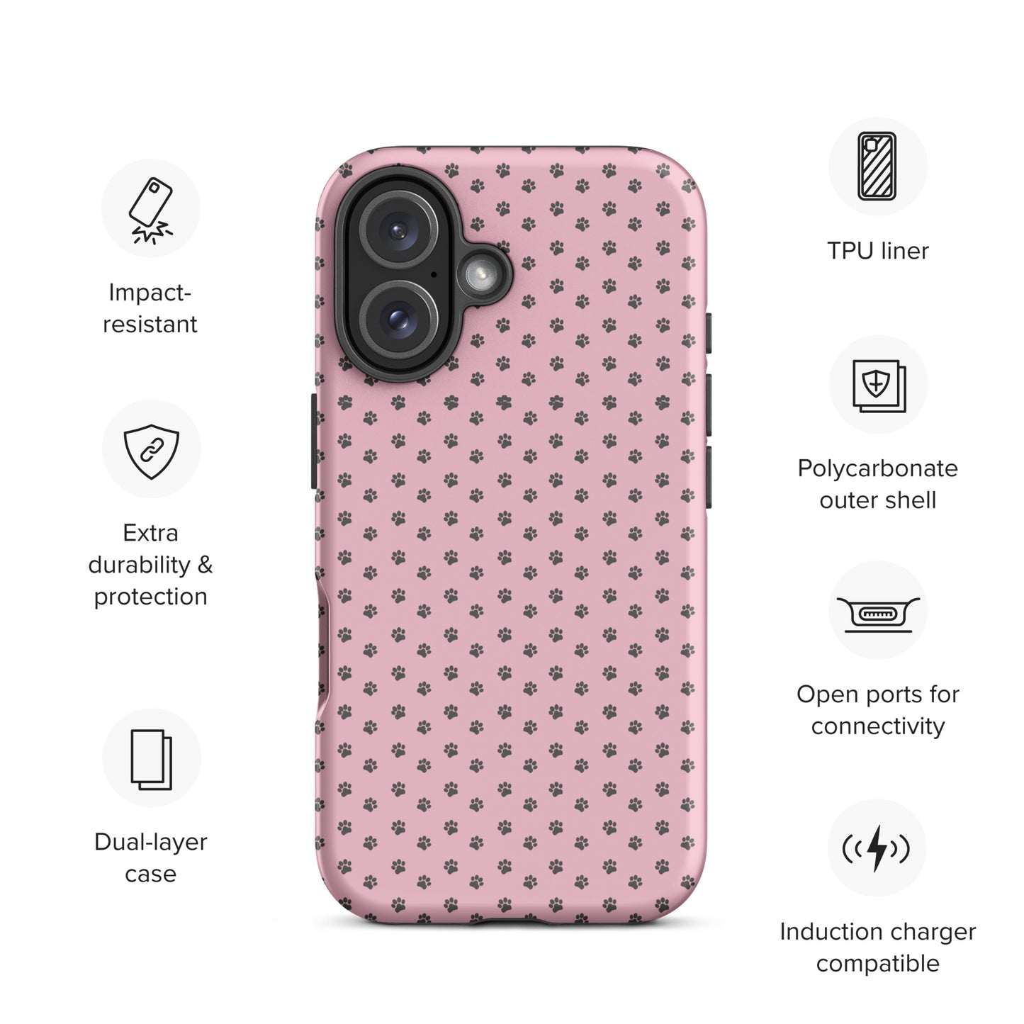 Phone Case for iPhone with paw-print design on pink background, featuring impact resistance and polycarbonate protection.
